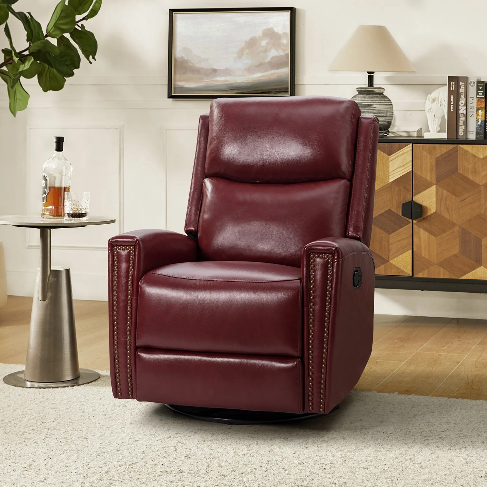 Fiacro 30.31Wide Modern Genuine Leather Wingback Swivel Rocker Recliner with Nailhead Trims