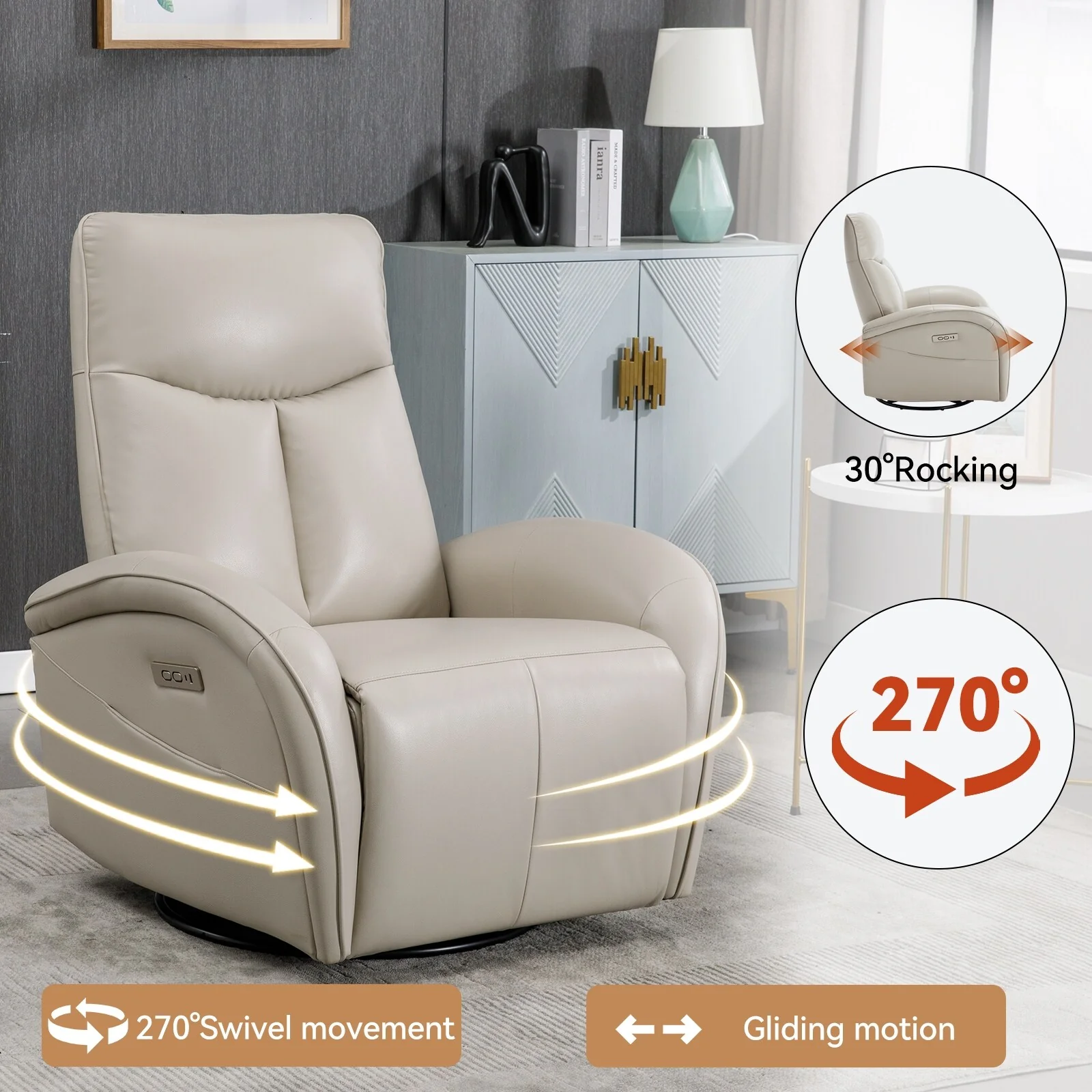 Armless Power Glider Swivel Recliner Chair with USB & High Back