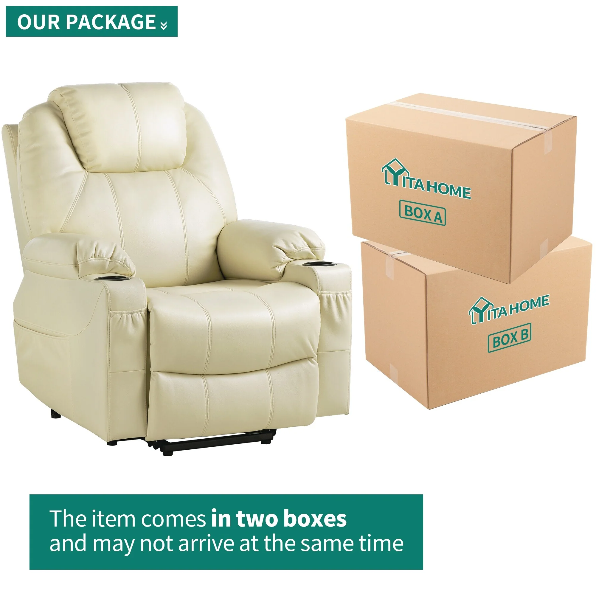 Modern Off White Reclining Chair Faux Leather/Fabric Massage