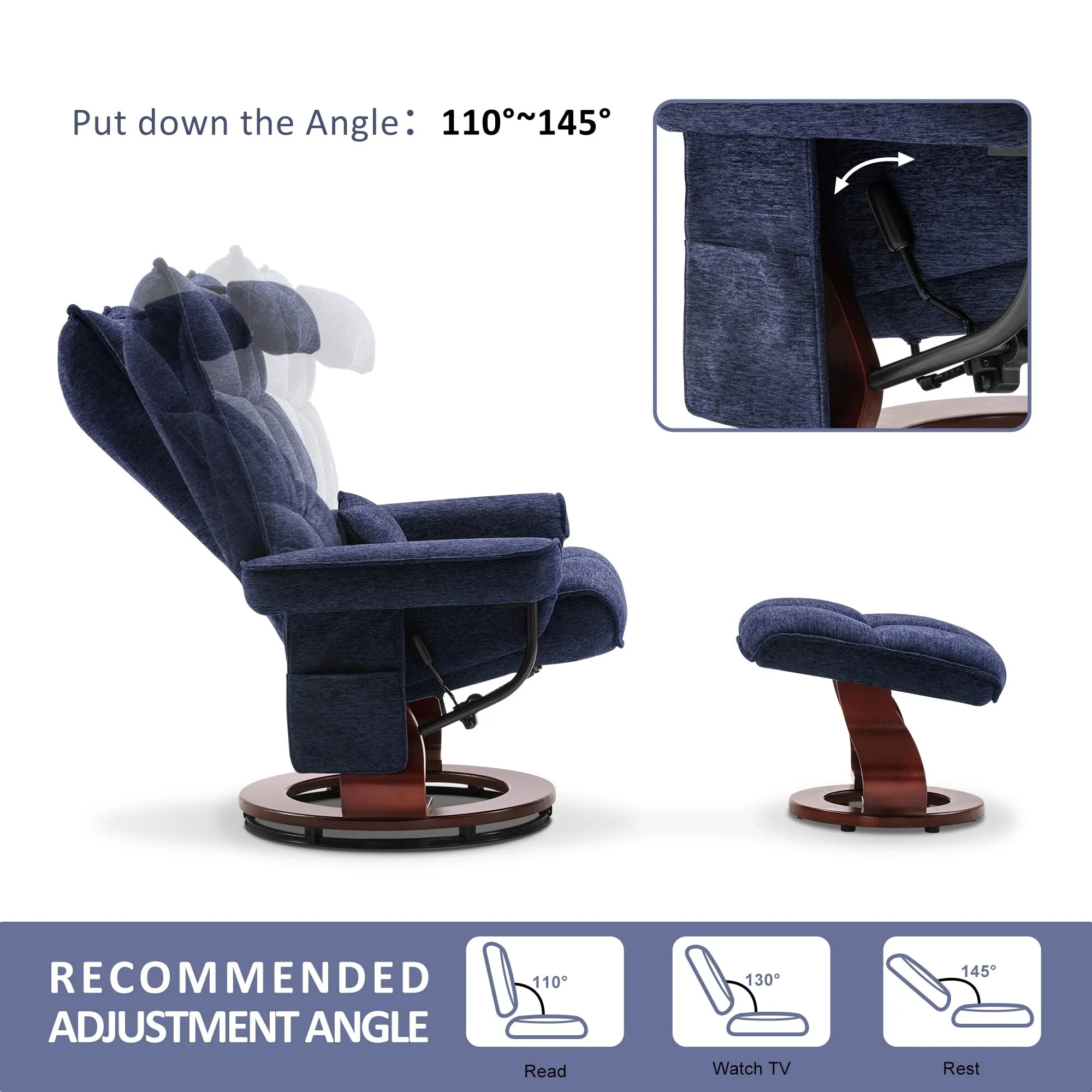 MCombo Swivel Recliner with Ottoman and Neck Pillow, Chenille Fabric