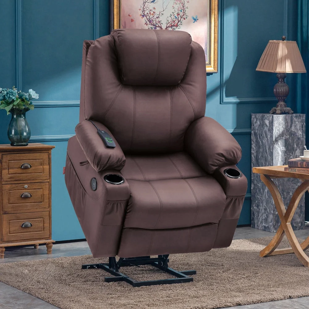 MCombo Large Power Lift Recliner Leather Chair with Massage, Heat, Cup Holders,Extended Footrest, Leather 7516