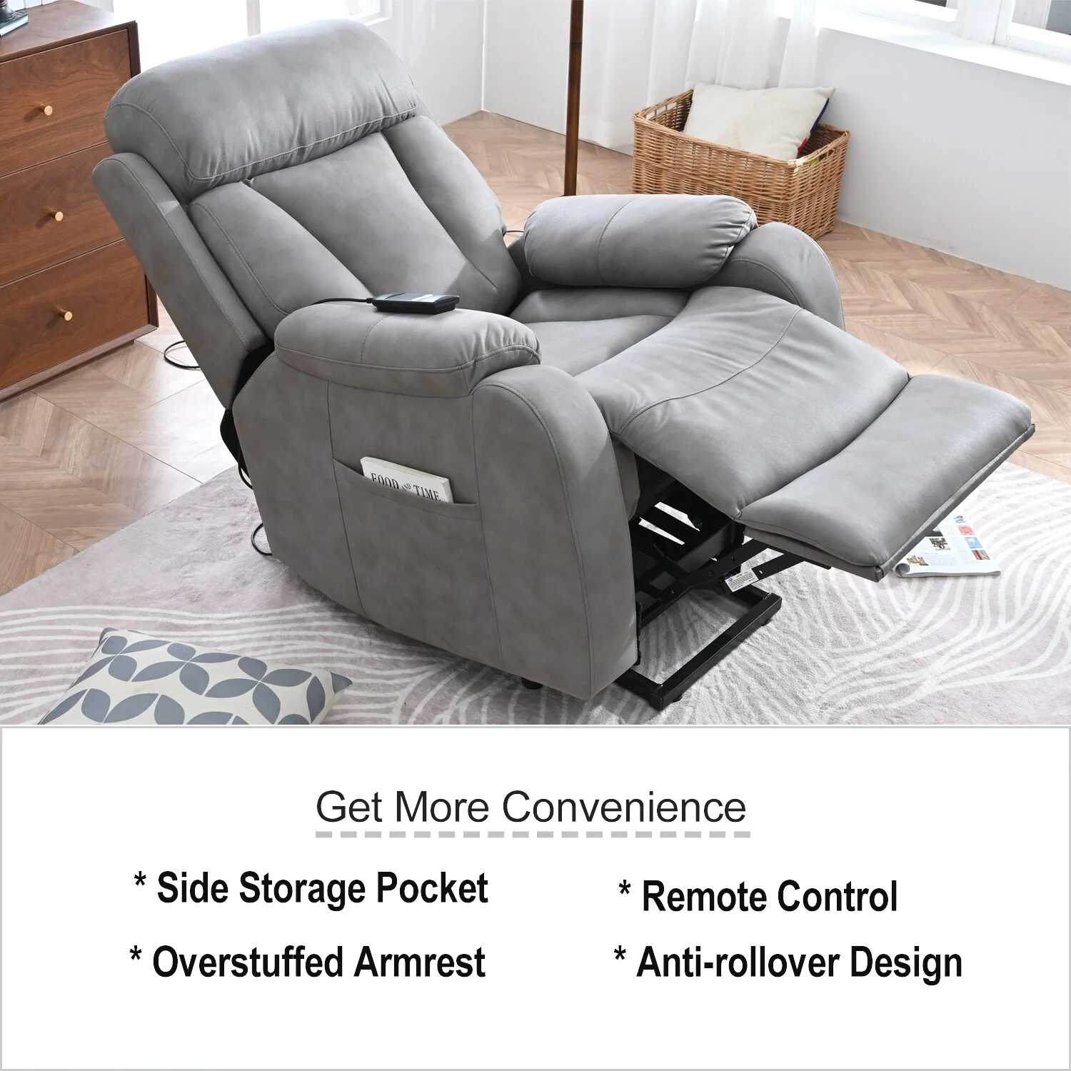Grey Wide Seat Power Lift Recliner with Remote Control, Side Pocket, and Adjustable Recline Features