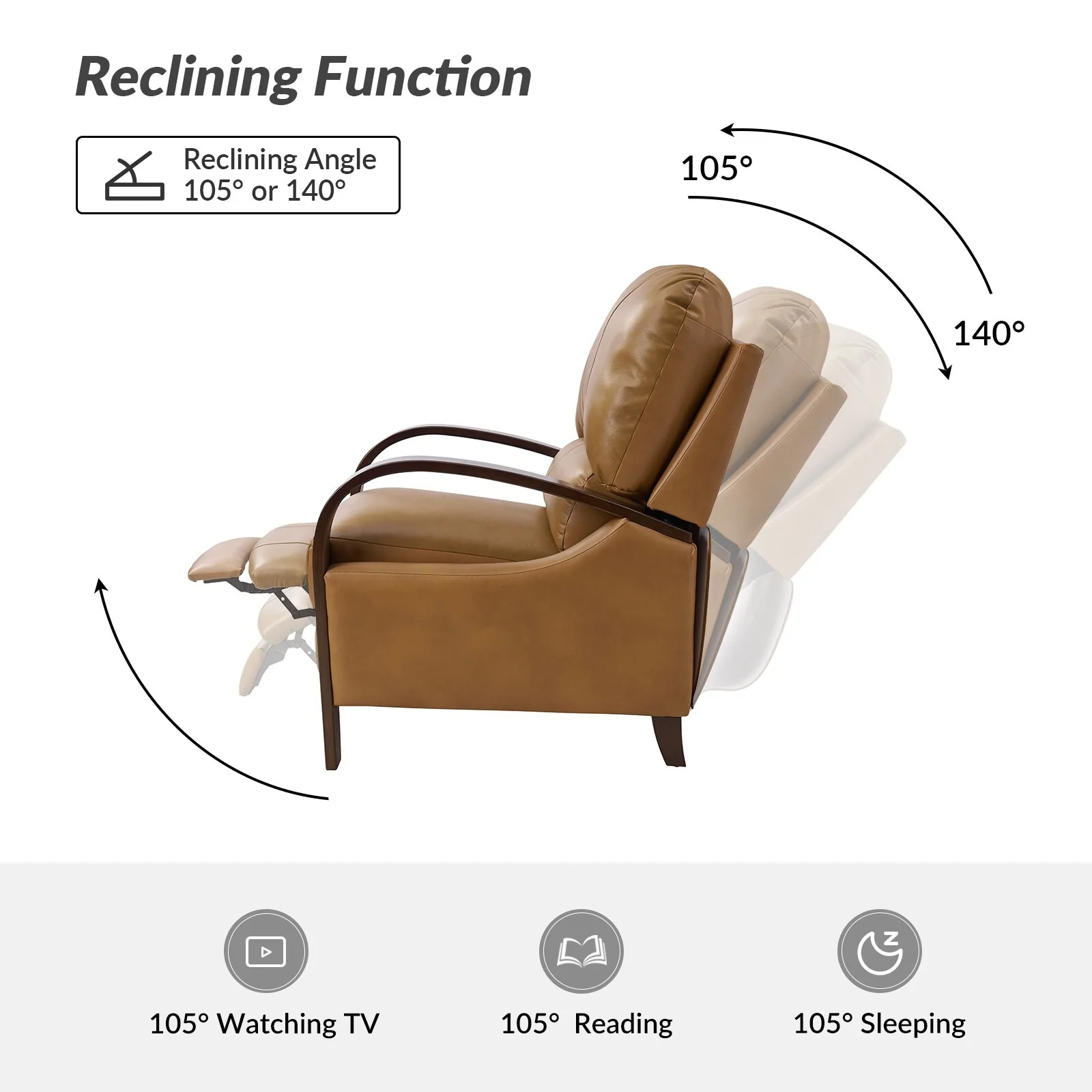 Alex Mid-century Modern Cigar Genuine Leather Manual Recliner with Wooden Curved Arms, Set of 2