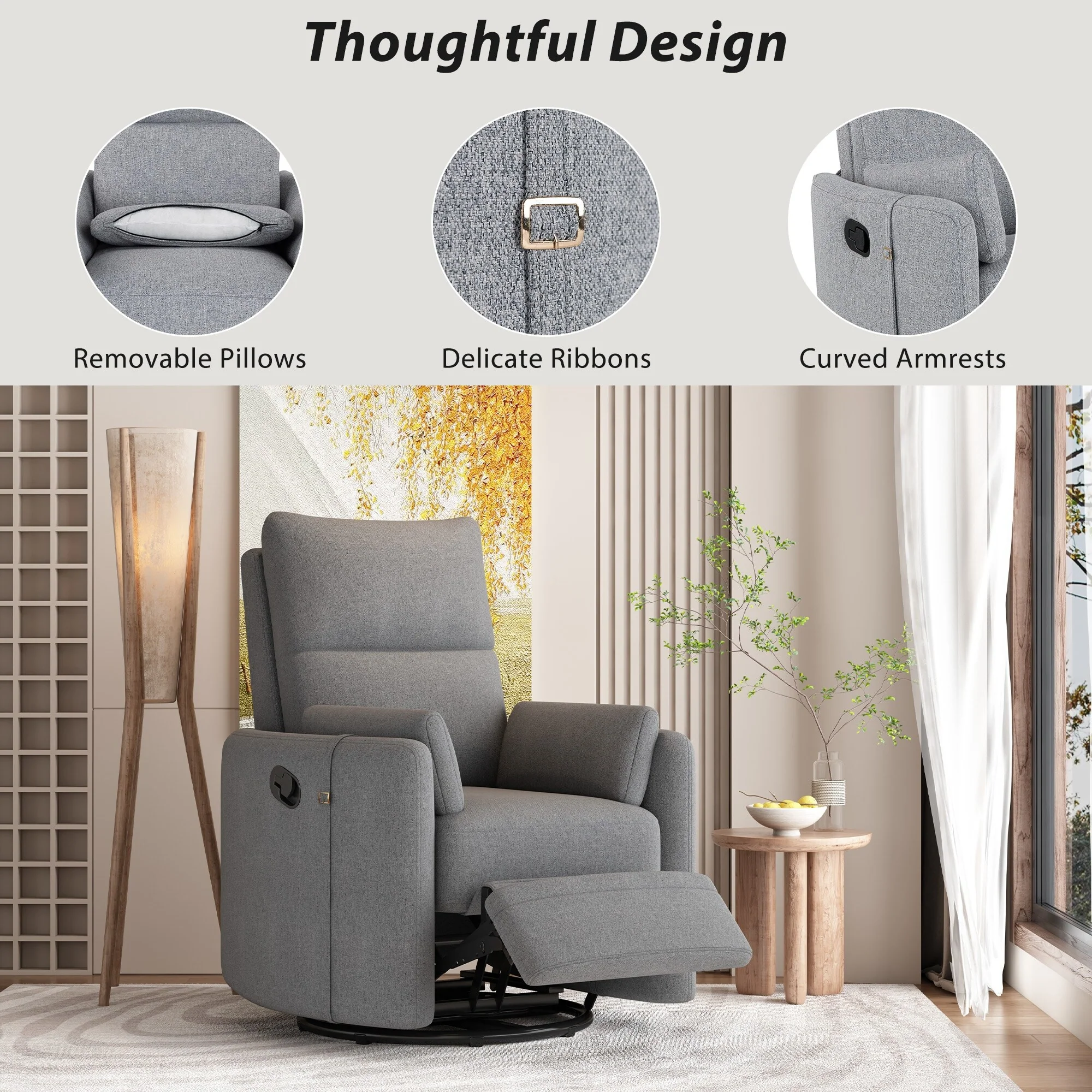 Beige Swivel Rocker Recliner with Manual Adjustment, 360�� Rotation, and Two Removable Pillows