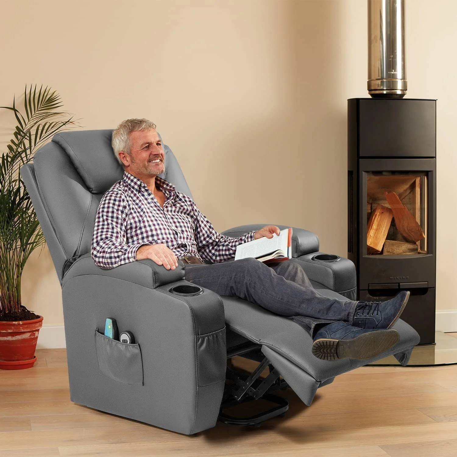 Furniwell Power Lift PU Leather Recliner with Massage and Heating