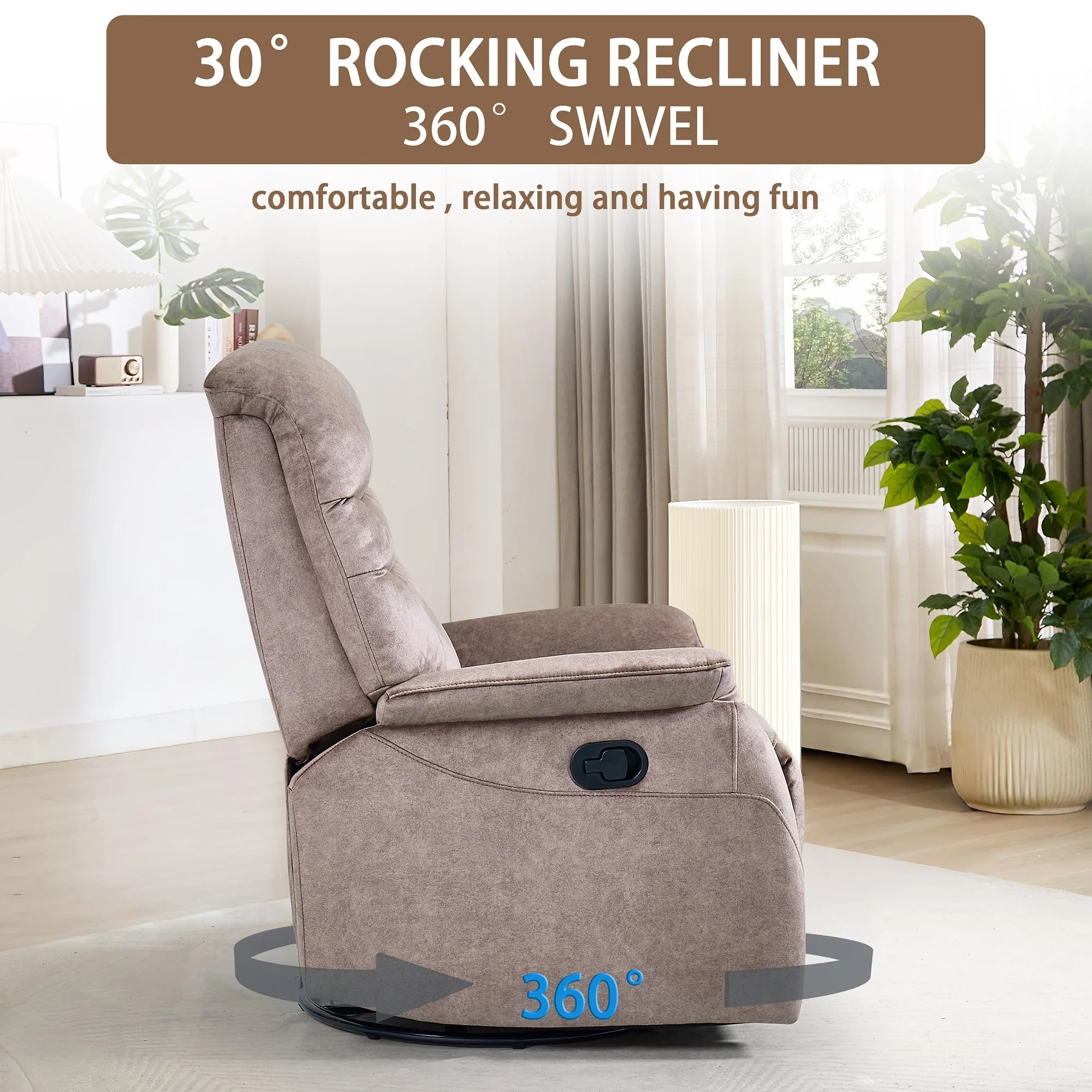 360�� Rocking Swivel Recliner Chair with Adjustable Backrest, Durable Fabric, Modern Reclining Sofa with Lumbar Support