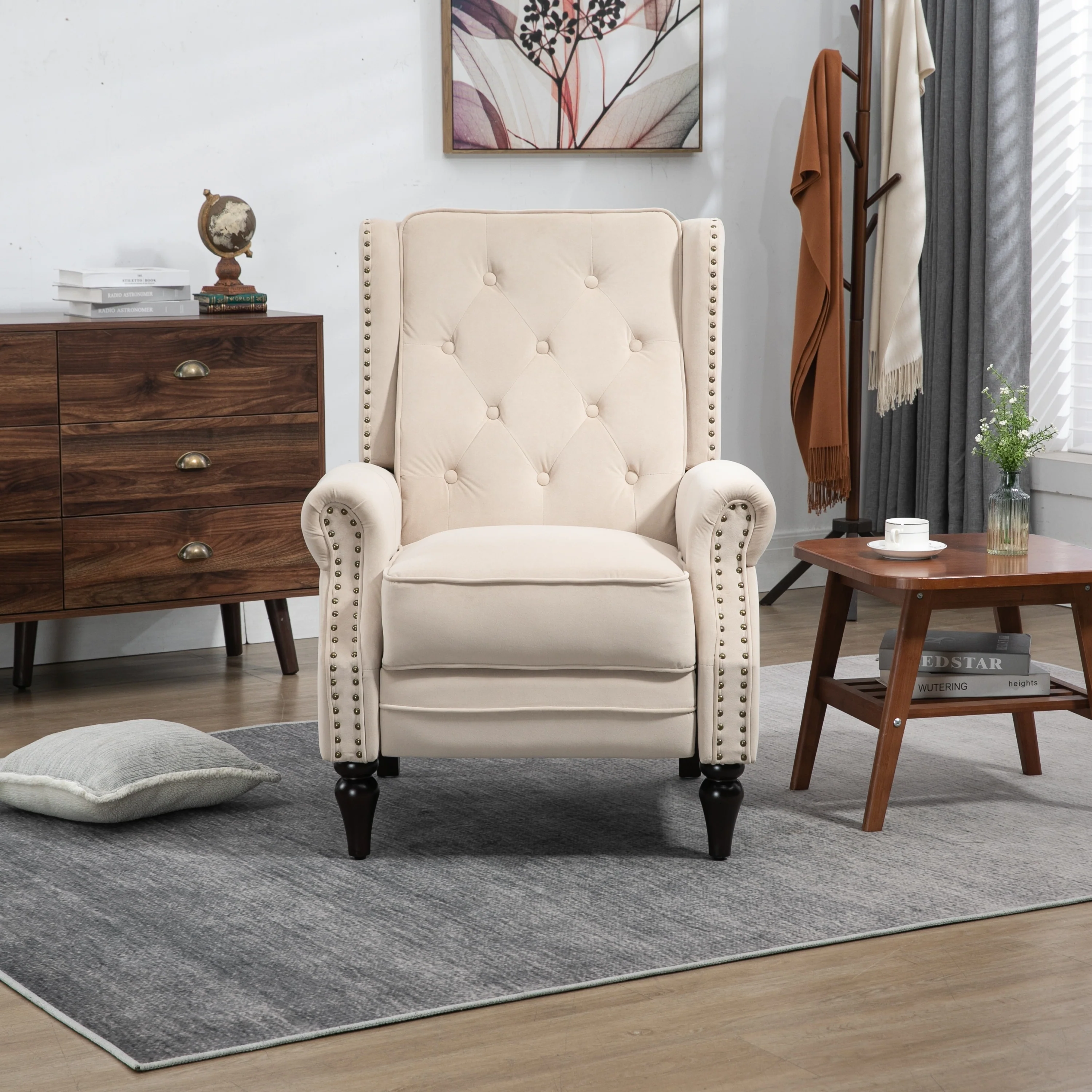 Velvet Upholstered Nailhead Tufted Recliner Chair with Black Legs