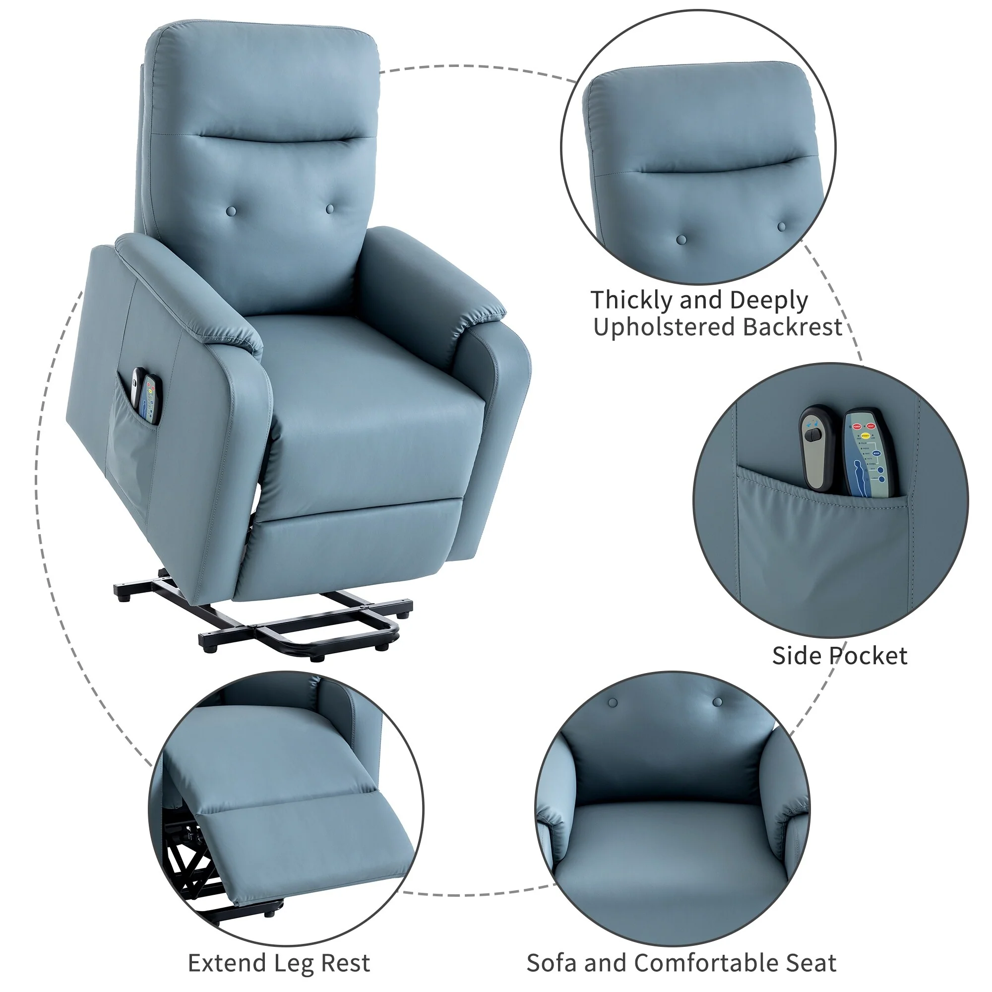 Blue Power Lift Recliner with Heat, Massage & Side Pocket