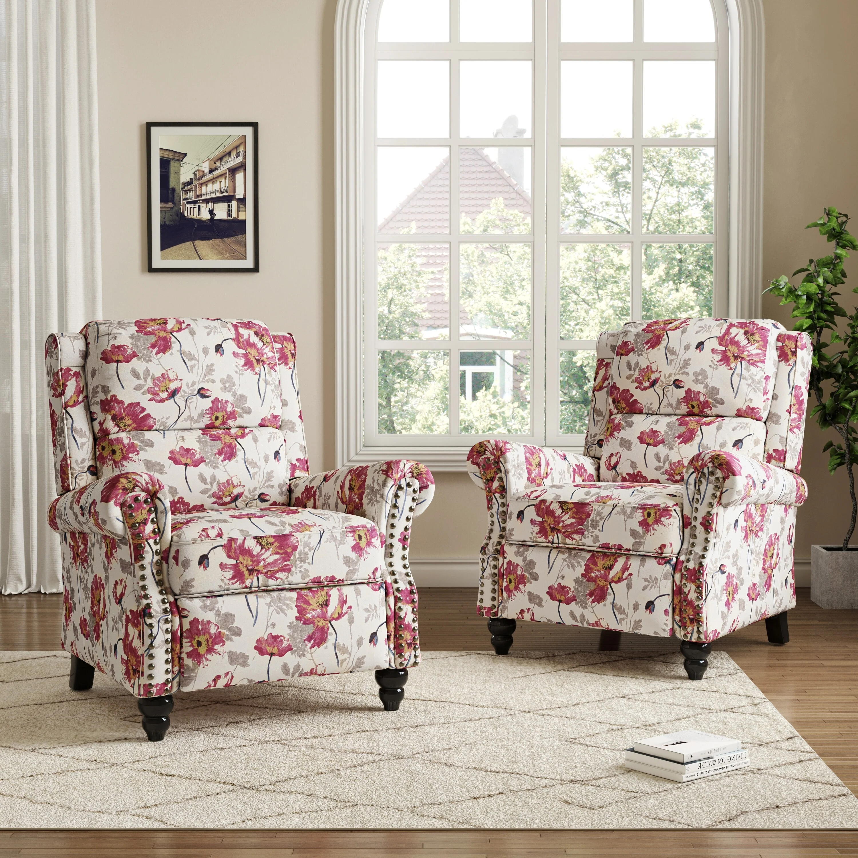 2 Set Manual Pushback Recliner Chair with Nailhead Trim