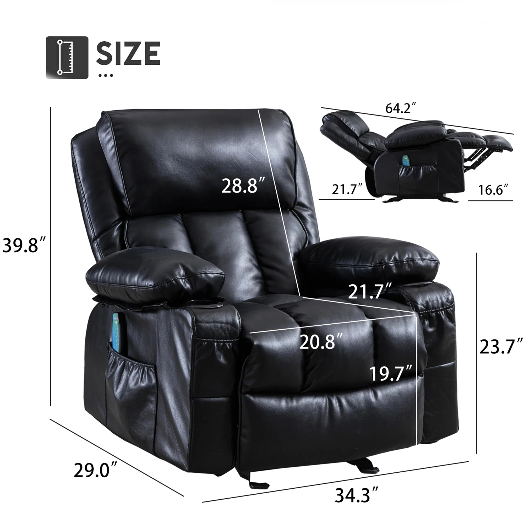 Faux leather Massage Recliner Chair, Rocker Recliner, Heat Function