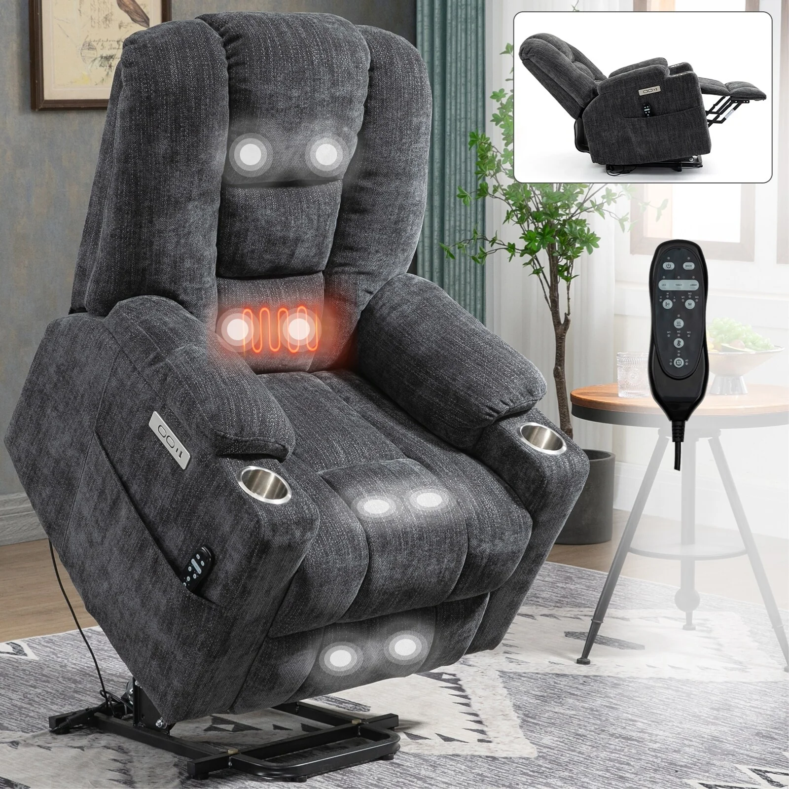Grey Large Power Lift Recliner Chair with Massage, Heat, Dual USB Ports, Type C Charging, and Cup Holders