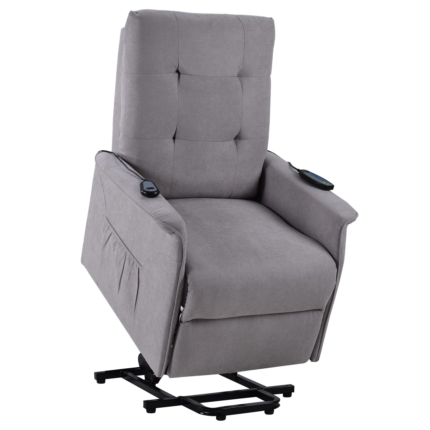 Grey Elderly Lift Recliner with Adjustable Massage, Overstuffed Cushioning, Remote Control, and Convenient Side Pockets