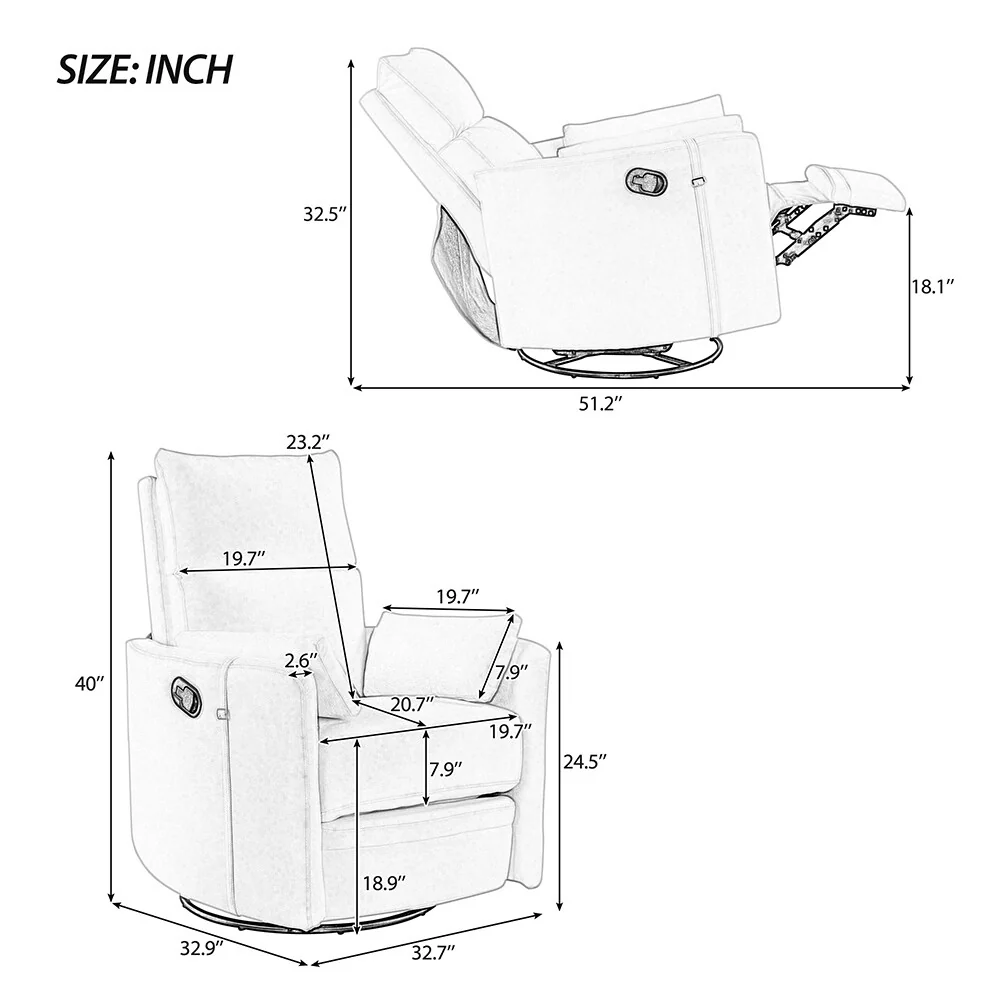32 Nursing Rocker Recliner,Swivel Glider with 2 Pillows,Comfort Chair