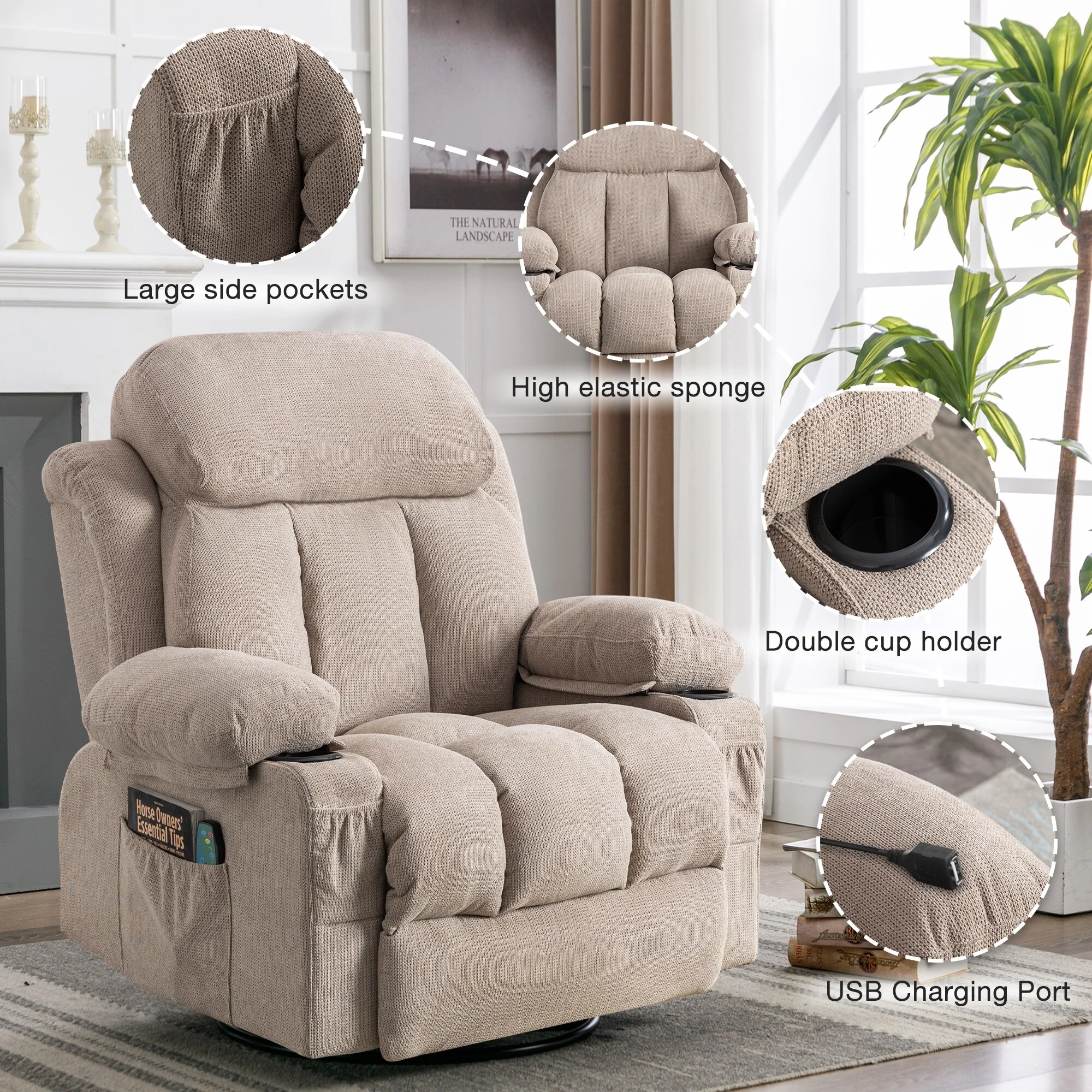 Massage 360 Swivel Rocker Recliner Chair, Heating, Cup Holders, USB