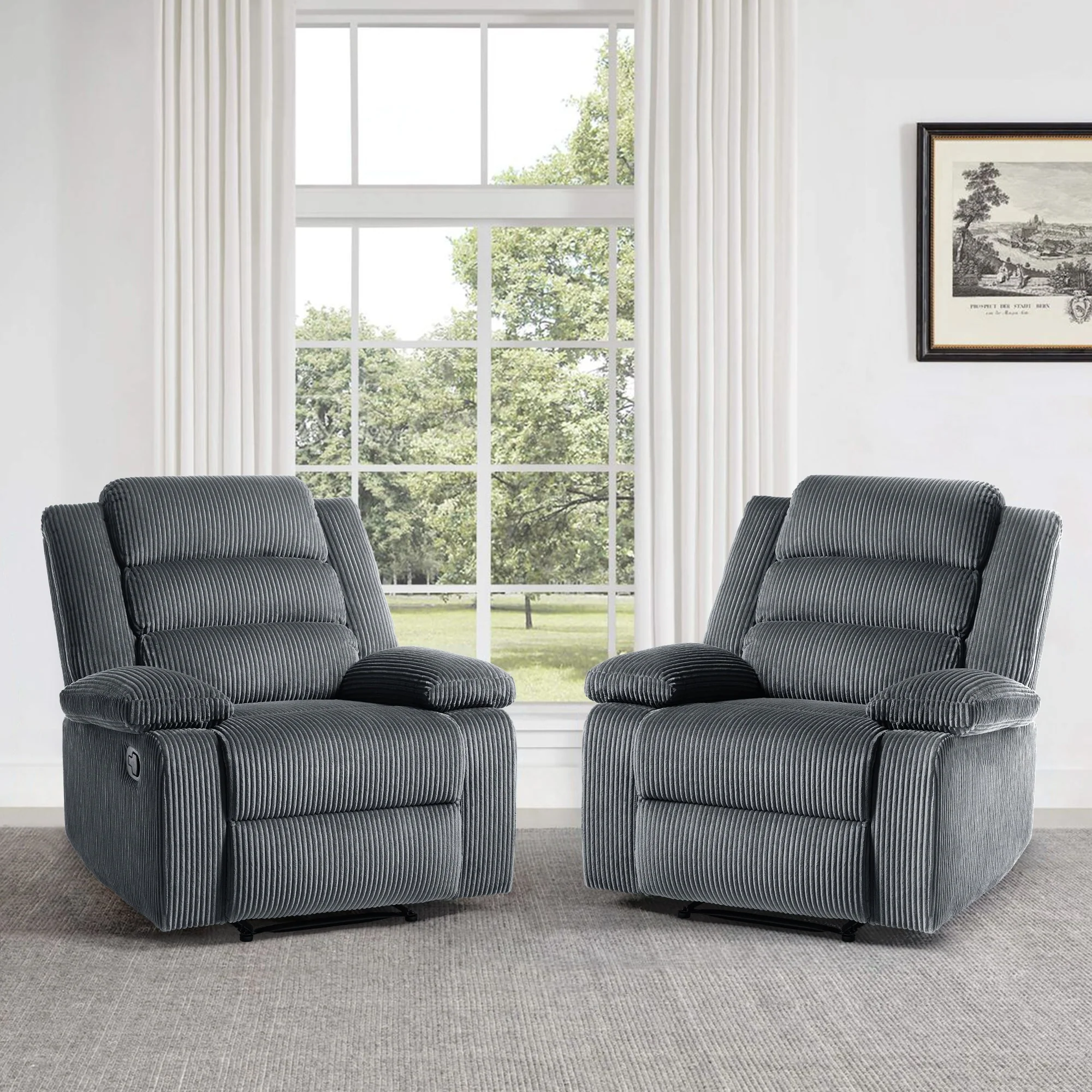 Overstuffed Cotton Corduroy Manual Pushback Recliner with Wide Armrest