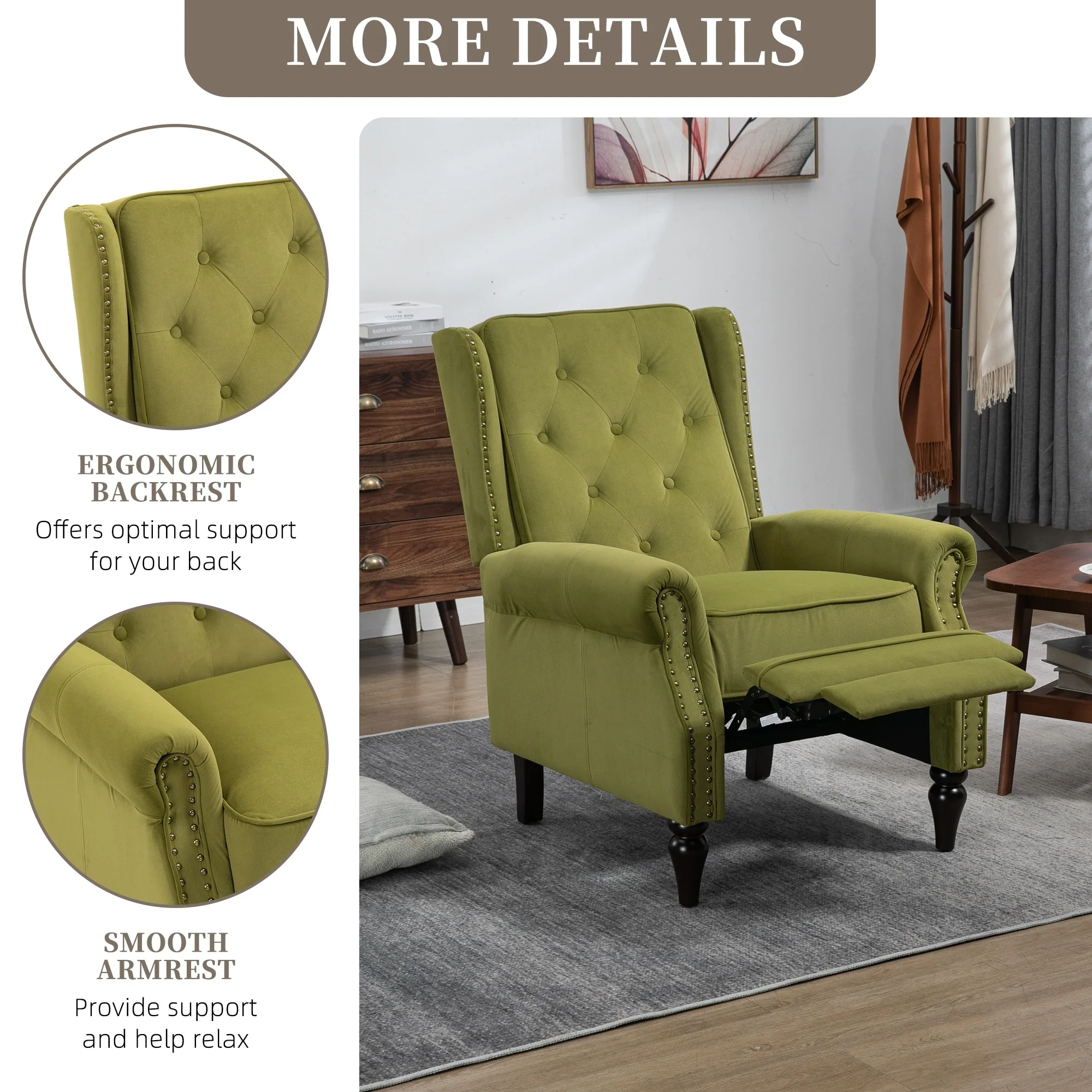 Velvet Upholstered Nailhead Tufted Recliner Chair with Black Legs