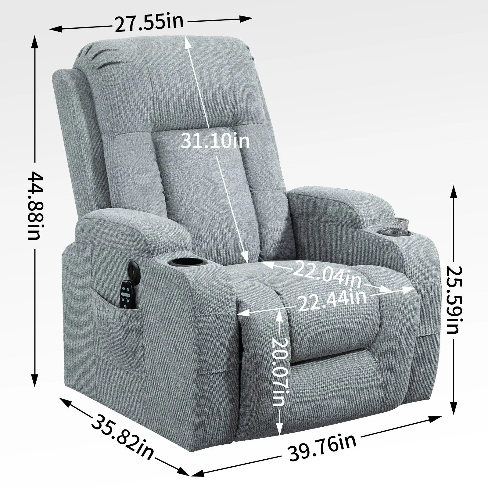 Grey Power Lift Recliner with Massage, Heat  Cup Holders