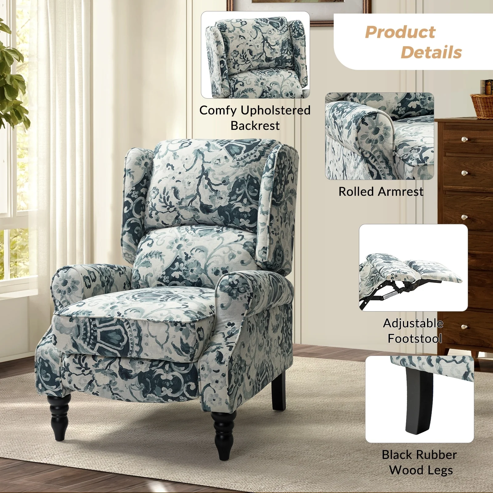 Olympus Upholstered Classic Manual Wingback Recliner with Solid Wood Legs Set of 2 by HULALA HOME