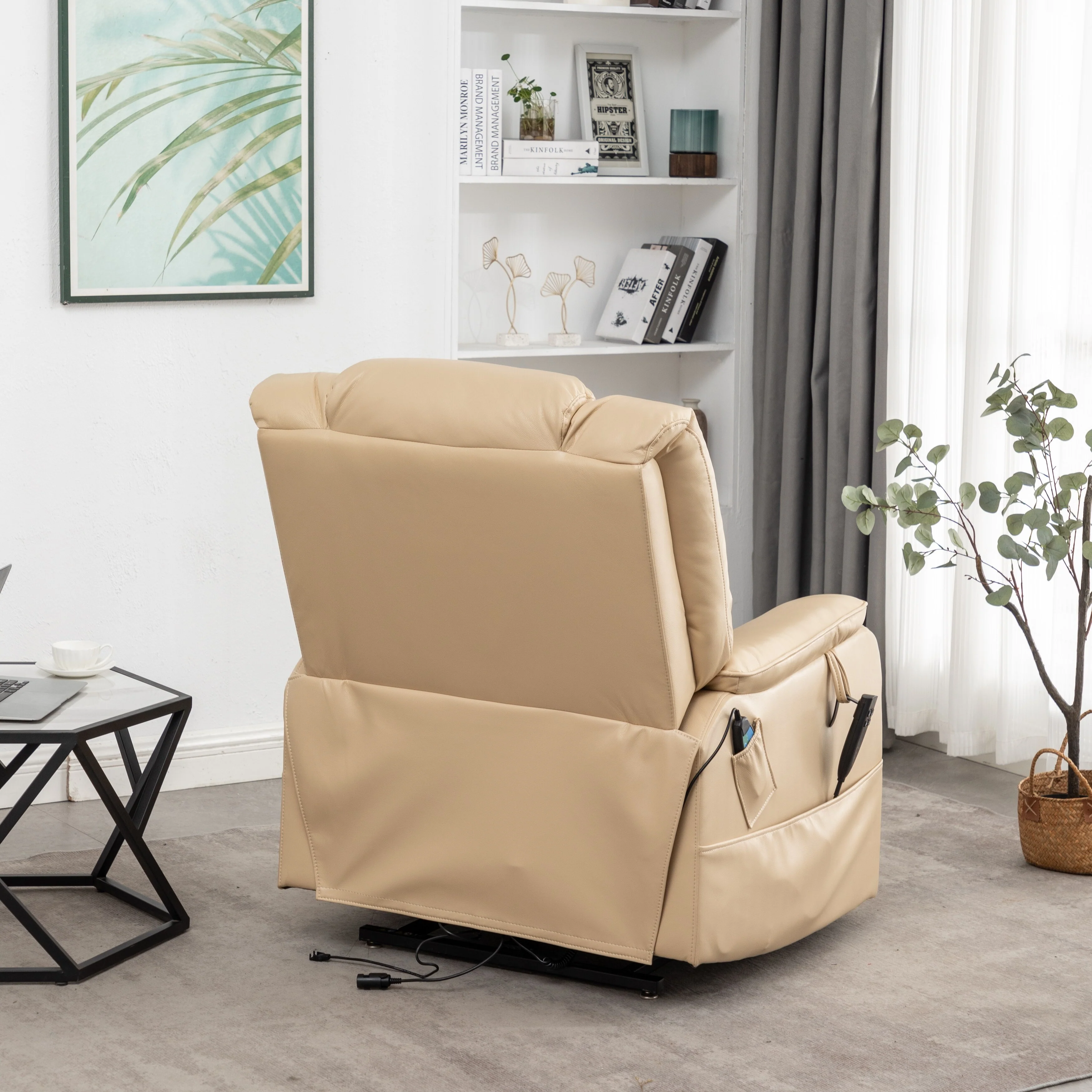 Beige PU Leather Power Lift Recliner, Massage, Flat Lay