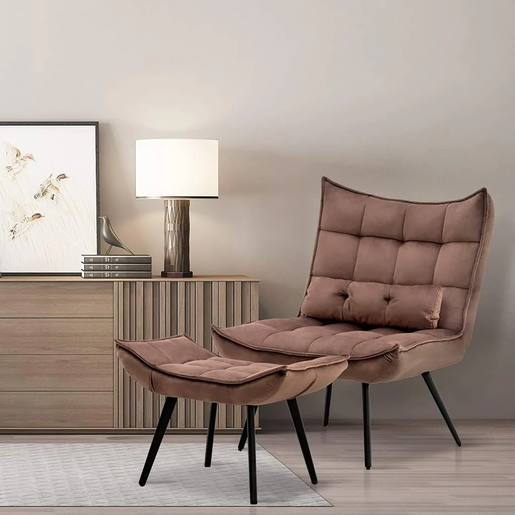 Mcombo Accent Chair with Ottoman, Velvet Tufted Wingback Chair, Upholstered Chairs with Metal Legs for Bedroom Living Room 4079