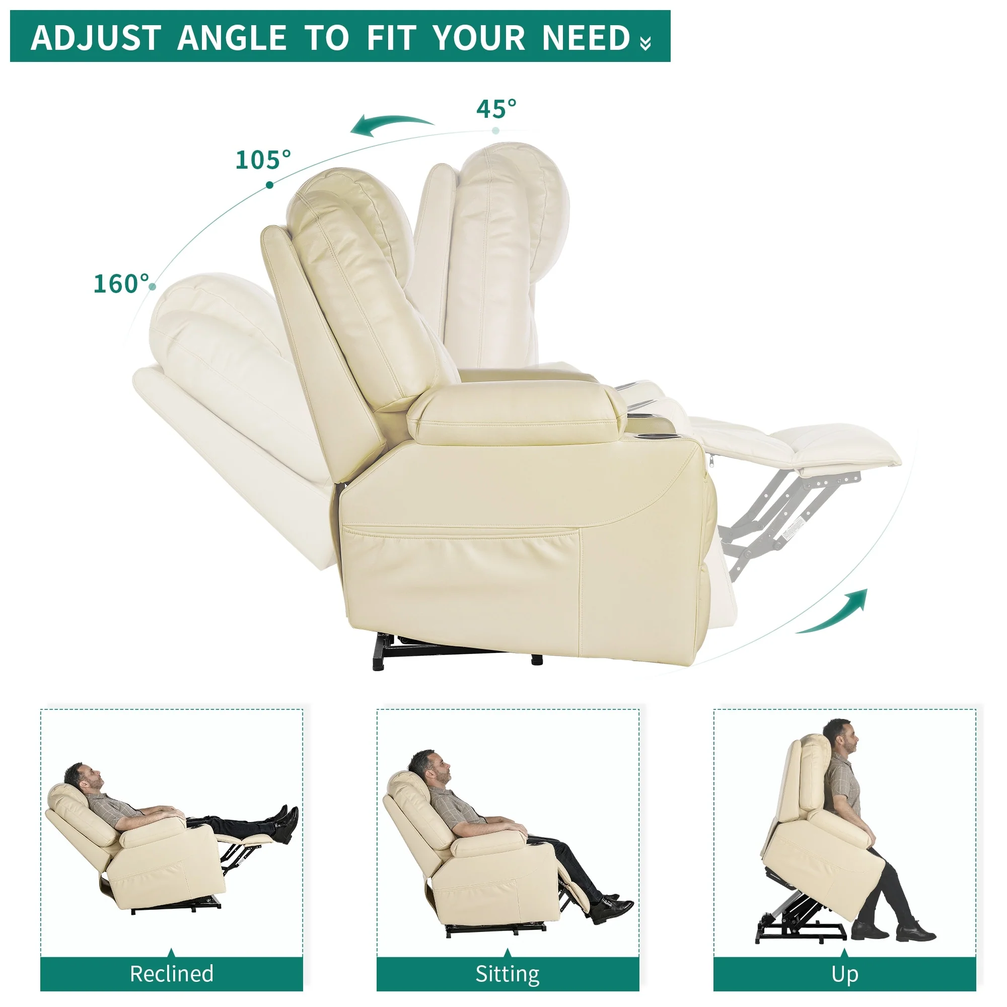 Modern Off White Reclining Chair Faux Leather/Fabric Massage