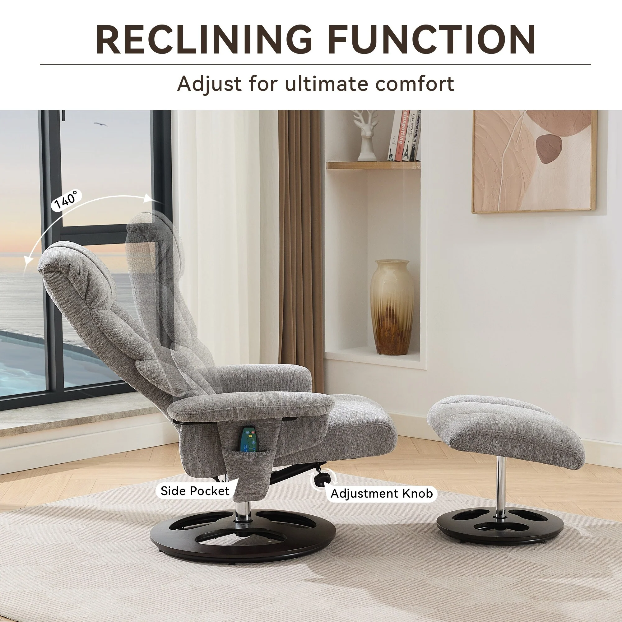 Recliner Chair with Ottoman, Modern 360�� Swivel Lounge Chair with Footstool, Chenille Fabric, 5 Point Vibration Massage