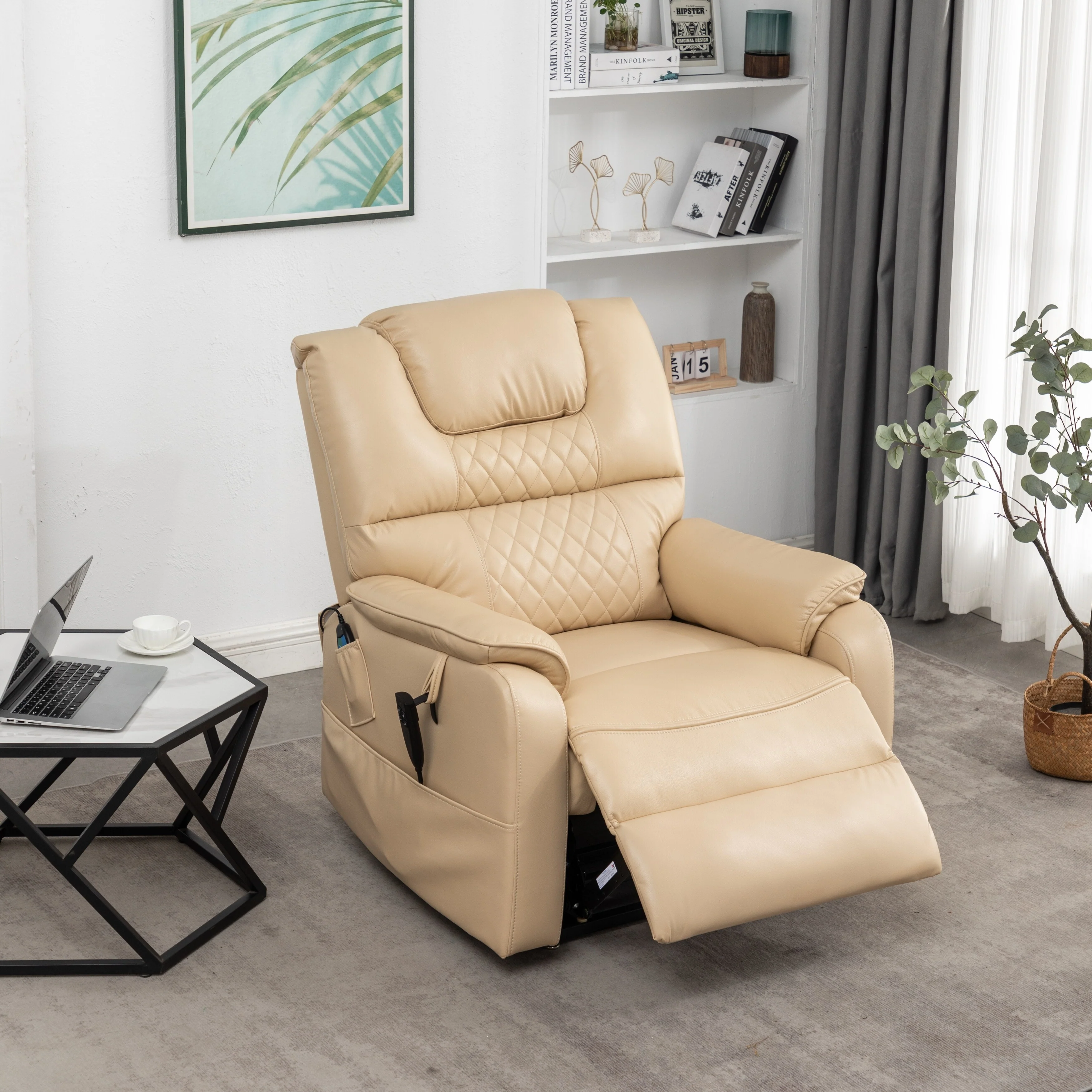 Beige PU Leather Power Lift Recliner, Massage, Flat Lay