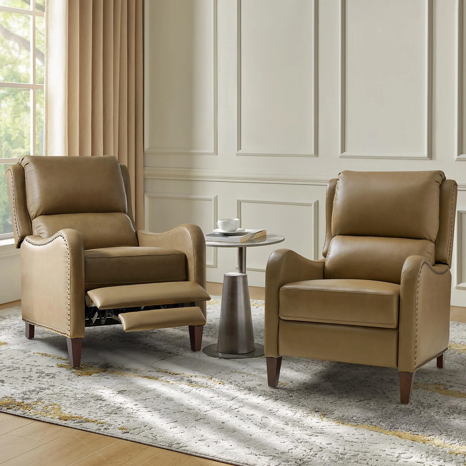 Brigida Modern Genuine Leather Nailhead Trim Recliner with Adjustable Footrest Set of 2 by HULALA HOME