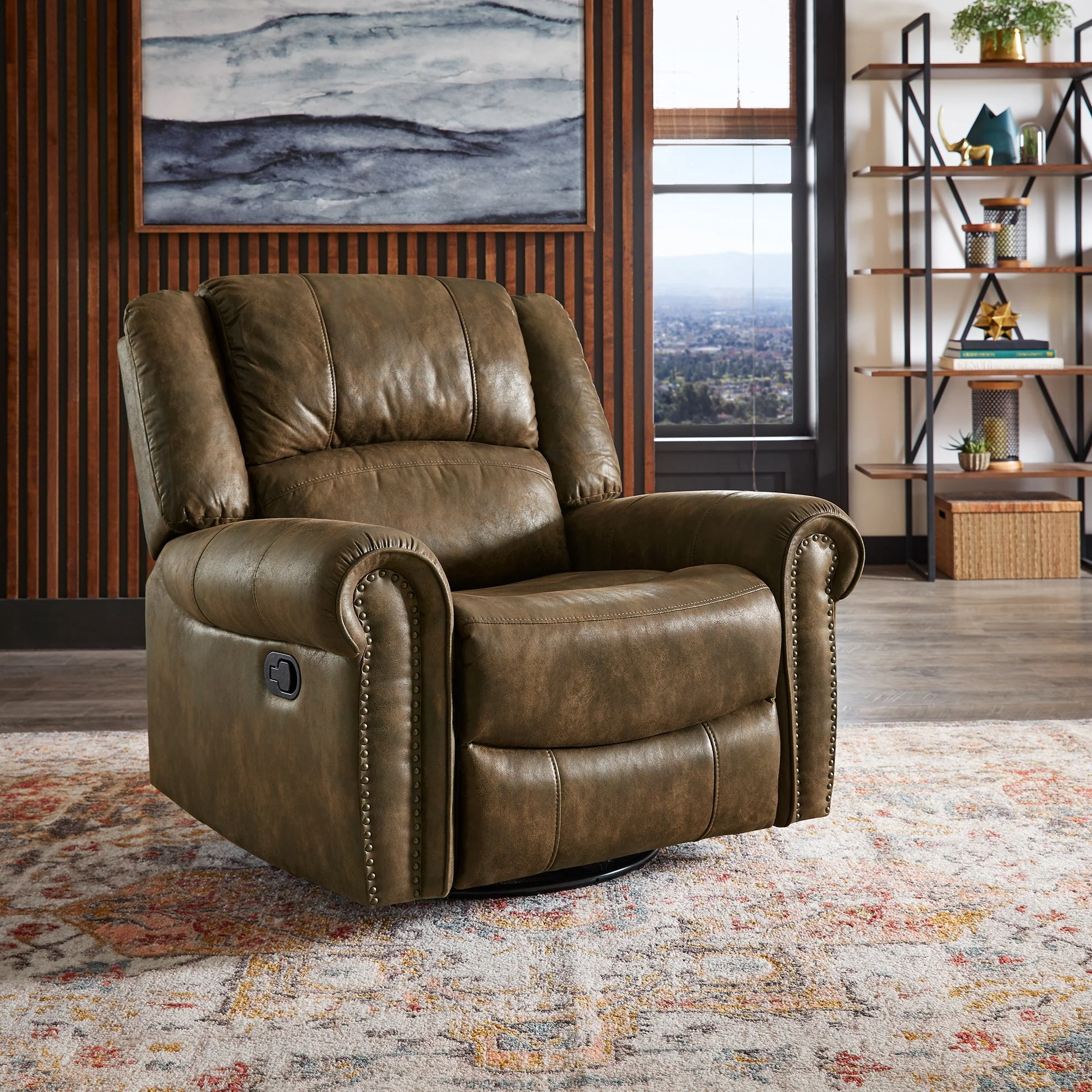 Monroe Polished Microfiber Nailhead Swivel Glider Recliner by iNSPIRE Q Classic