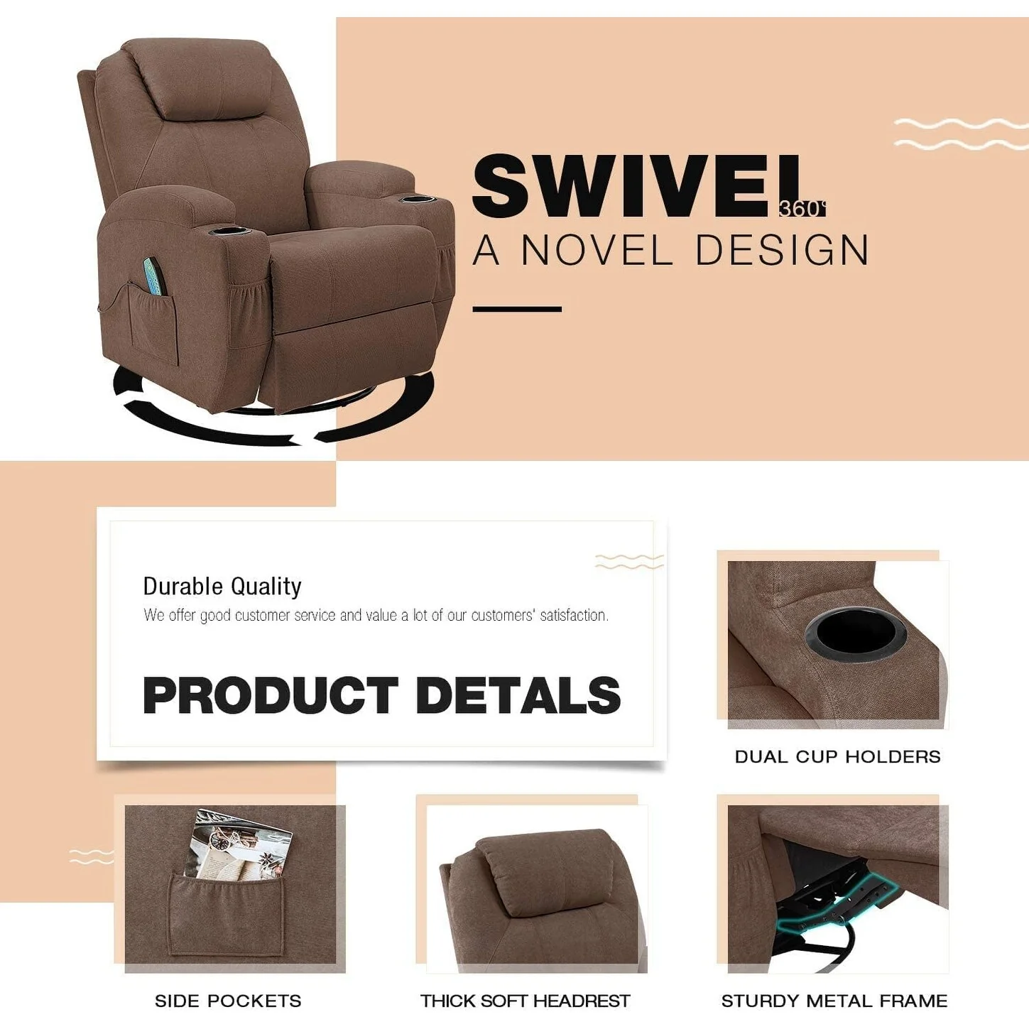 Furniwell Rotary Massage Heated Function Recliner Fabric Whirl