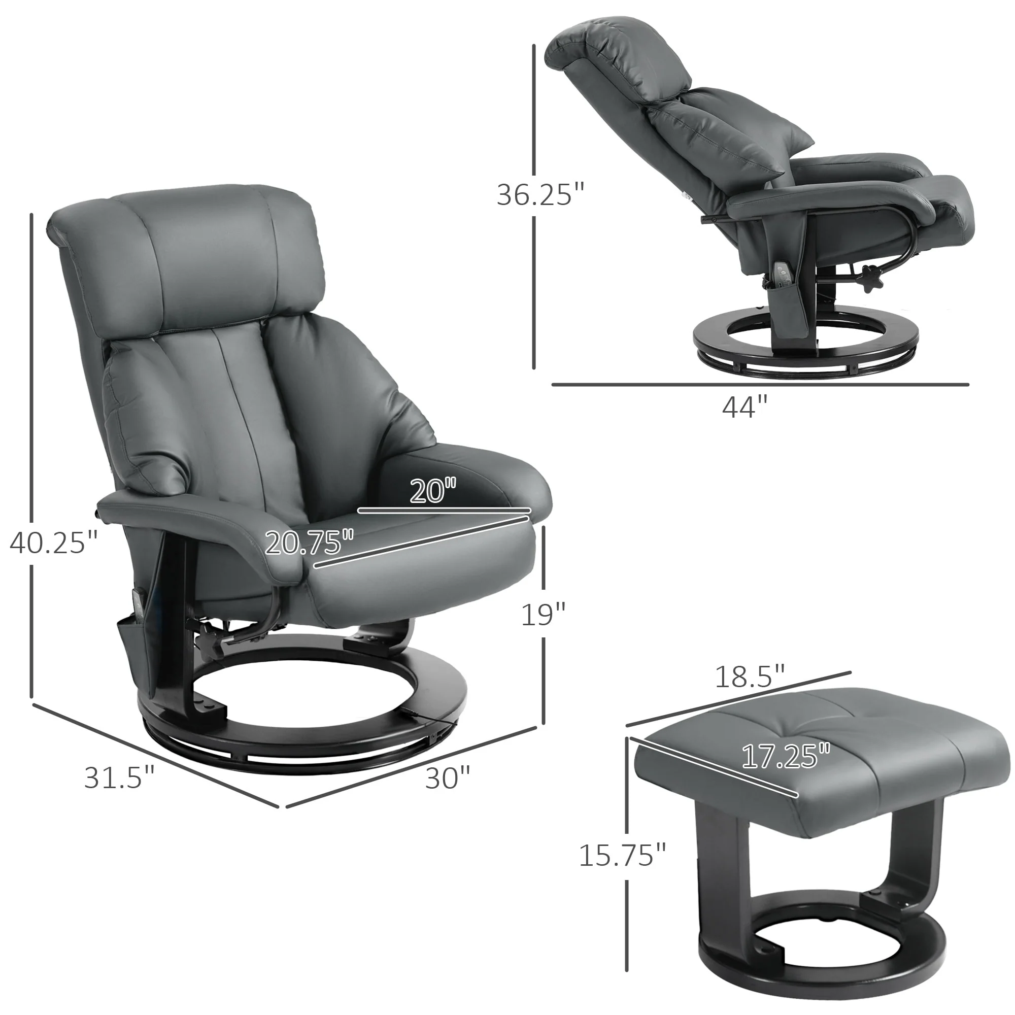 HOMCOM Massage Recliner Chair with Ottoman, 360�� Swivel Recliner and Footstool, PU Leather Reclining Chair, Gray
