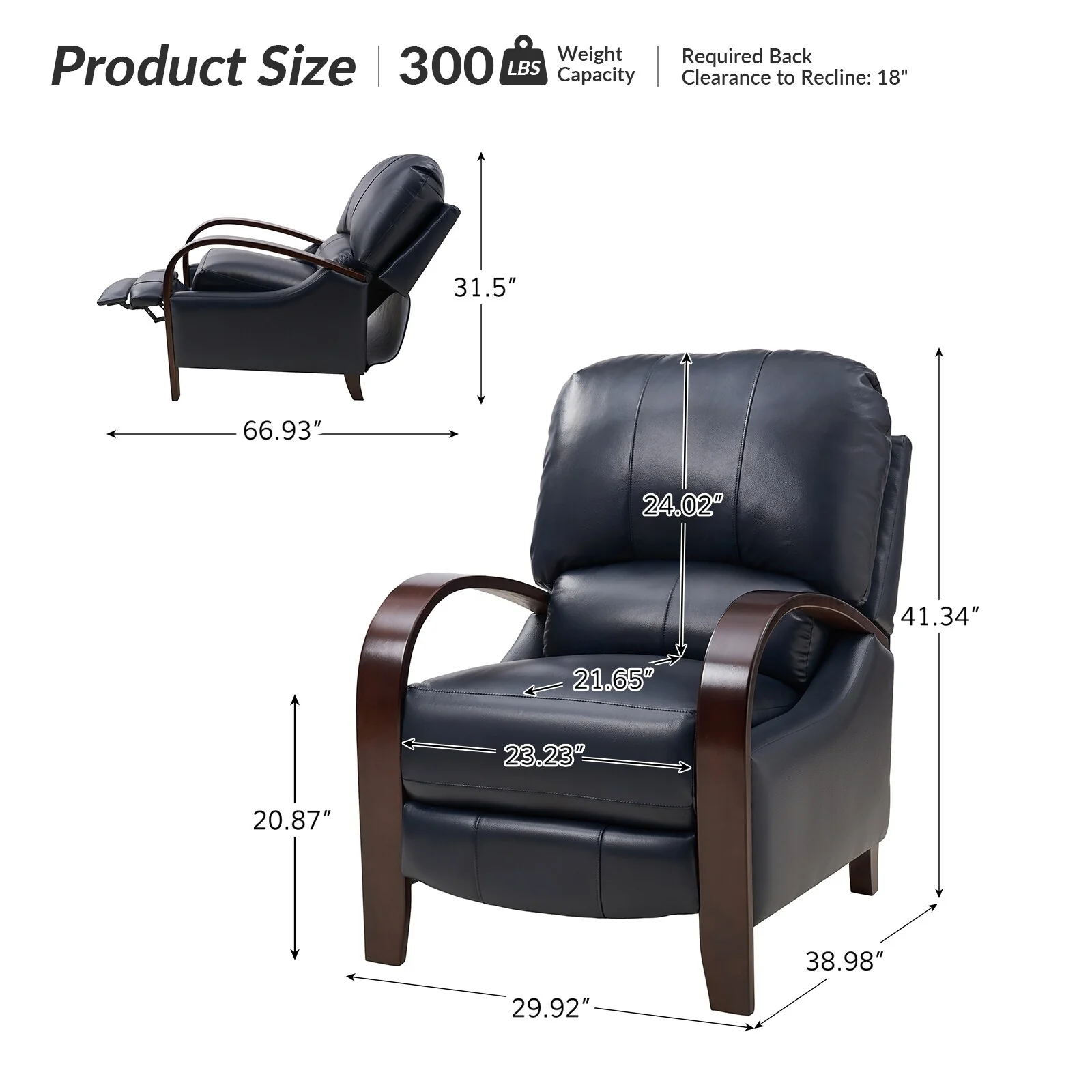 Alex Mid-century Modern Cigar Genuine Leather Manual Recliner with Wooden Curved Arms, Set of 2