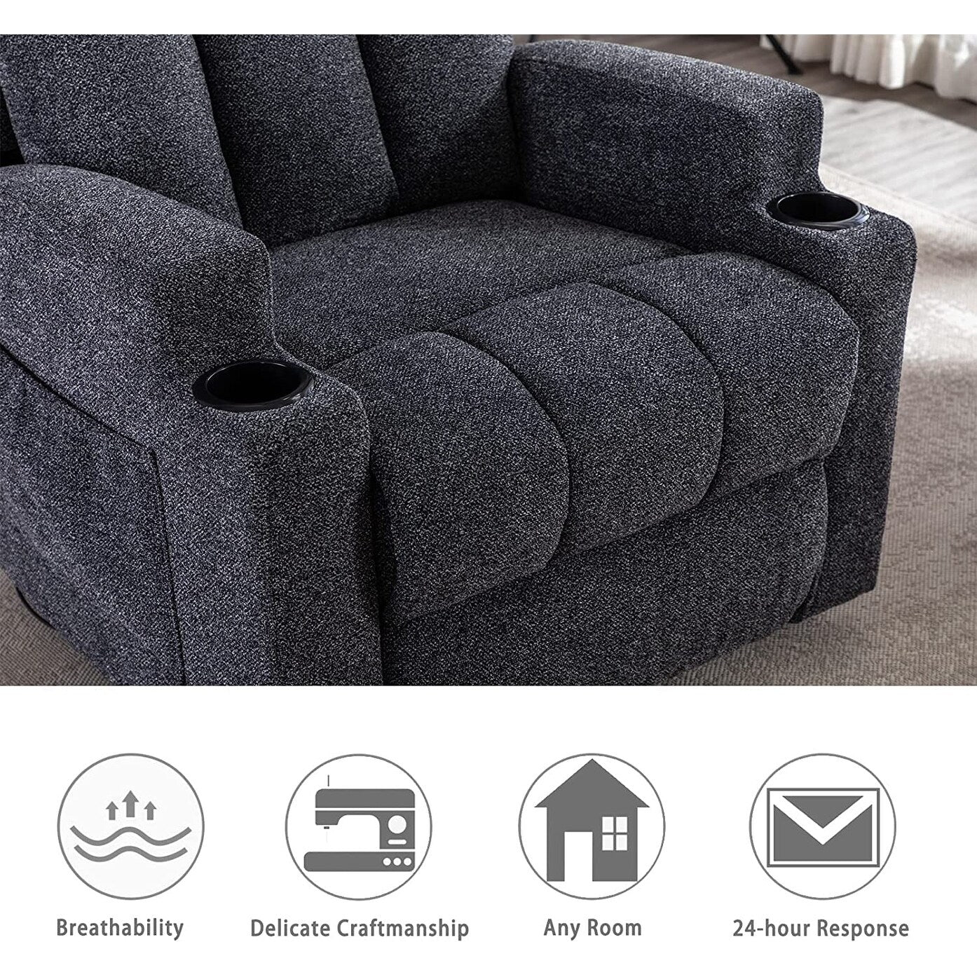 Manual Recliner Massage and Heating Chair Sofa with 2 Cup Holders Breathable Fabric