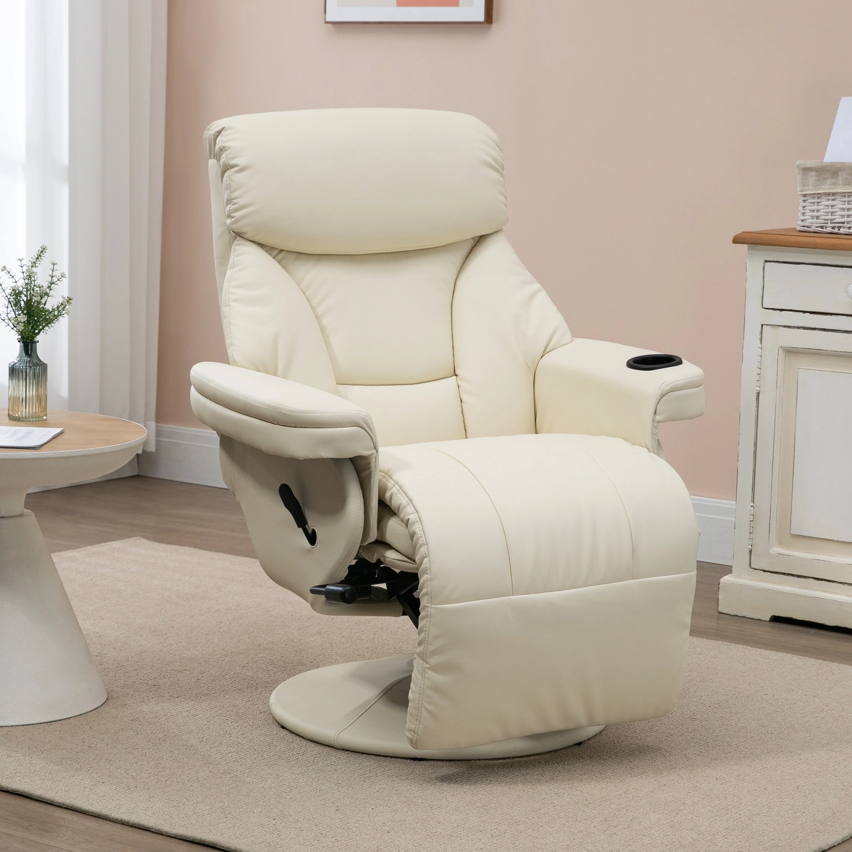 Cream PU Leather Swivel Recliner Chair with Manual Footrest, Cup Holder, Side Storage, and 135�� Recline