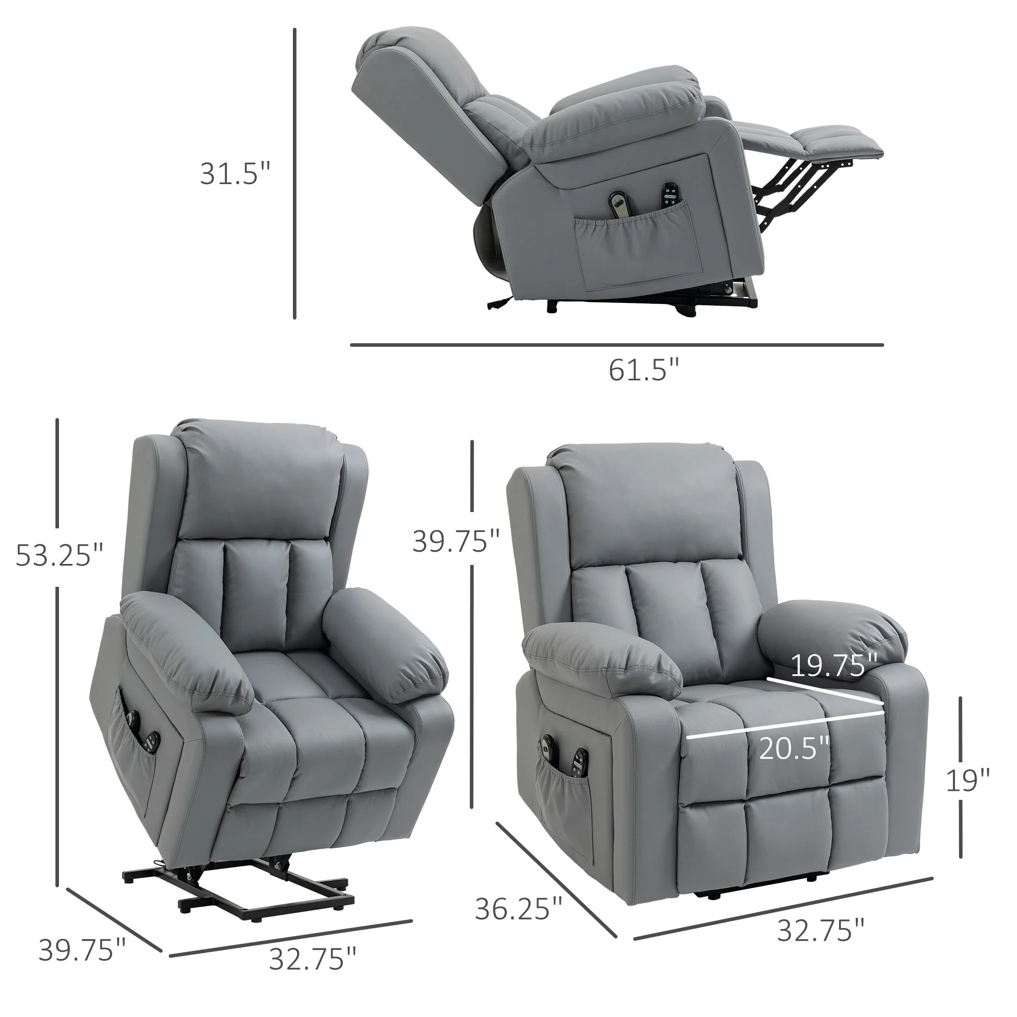 Grey Power Lift Recliner with Massage, Heat & Remote Control