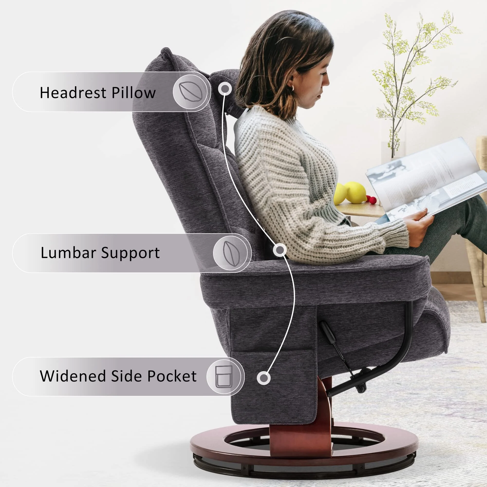MCombo Swivel Recliner with Ottoman and Neck Pillow, Chenille Fabric