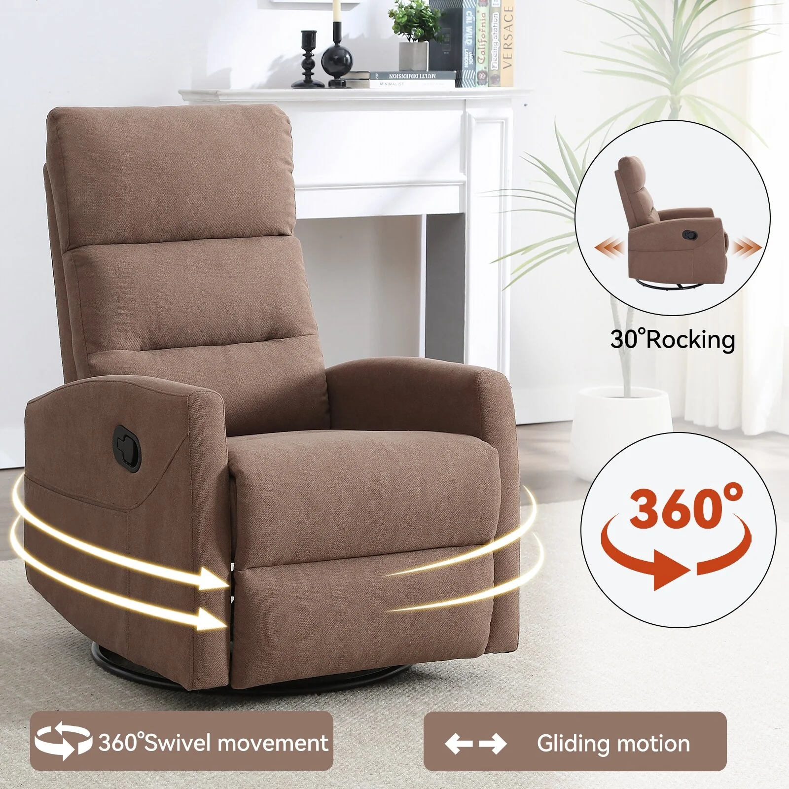 Fabric Manual Recliner Chair 360�� Swivel Chair with Rocker and Footrest, Armchair with Adjustable Backrest Pedals