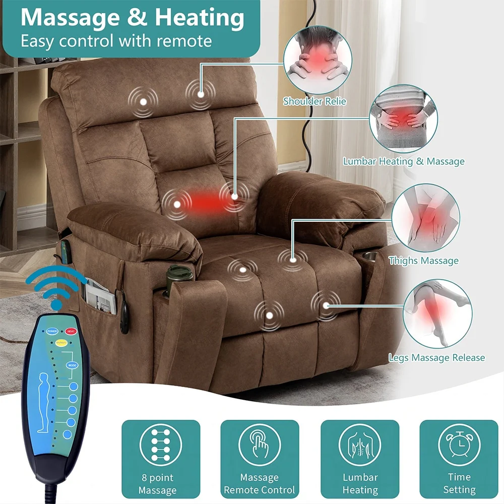 Large Electric Massage Lift Recliner with Heat, Hidden Cup Holder