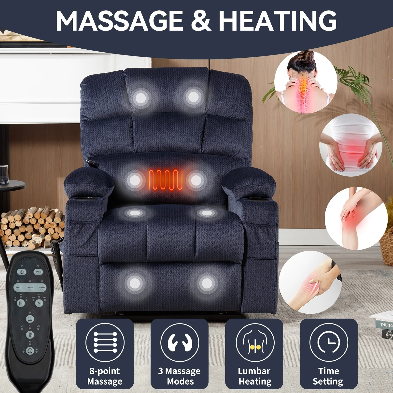 Chenille Power Lift Recliner with Massage, Heating & Cup Holders
