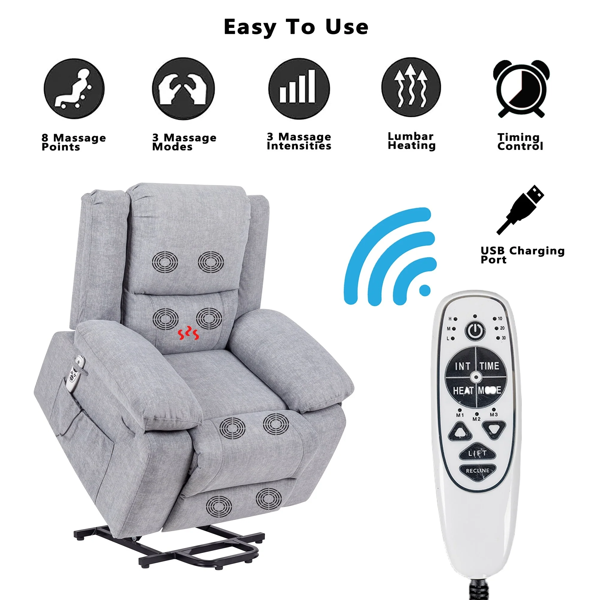 Reclining Lift Chair with Massage, Heating & Remote Control Pockets