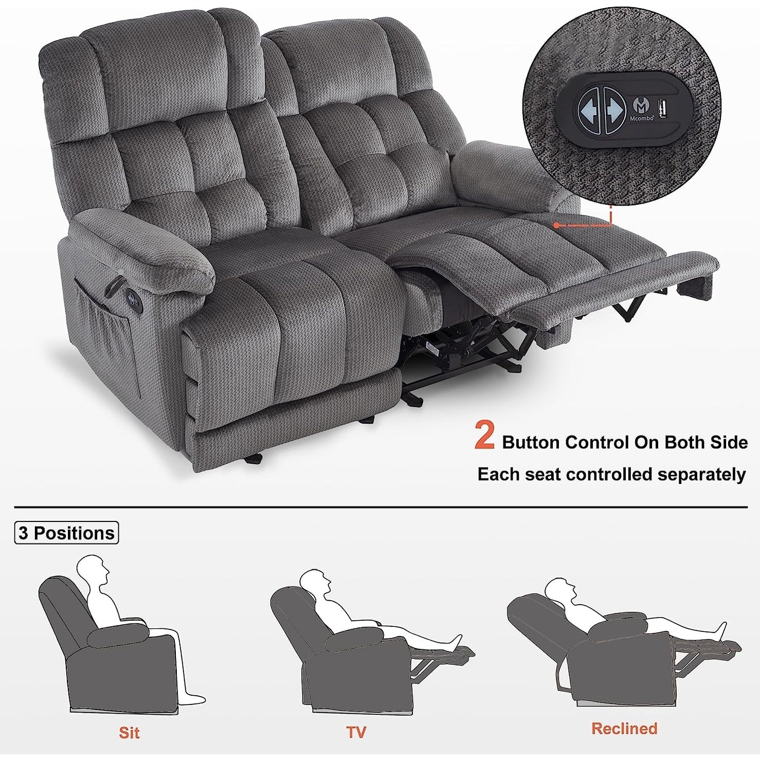 MCombo Electric Power Reclining Loveseat Sofa with Heat and Massage, Fabric 6237
