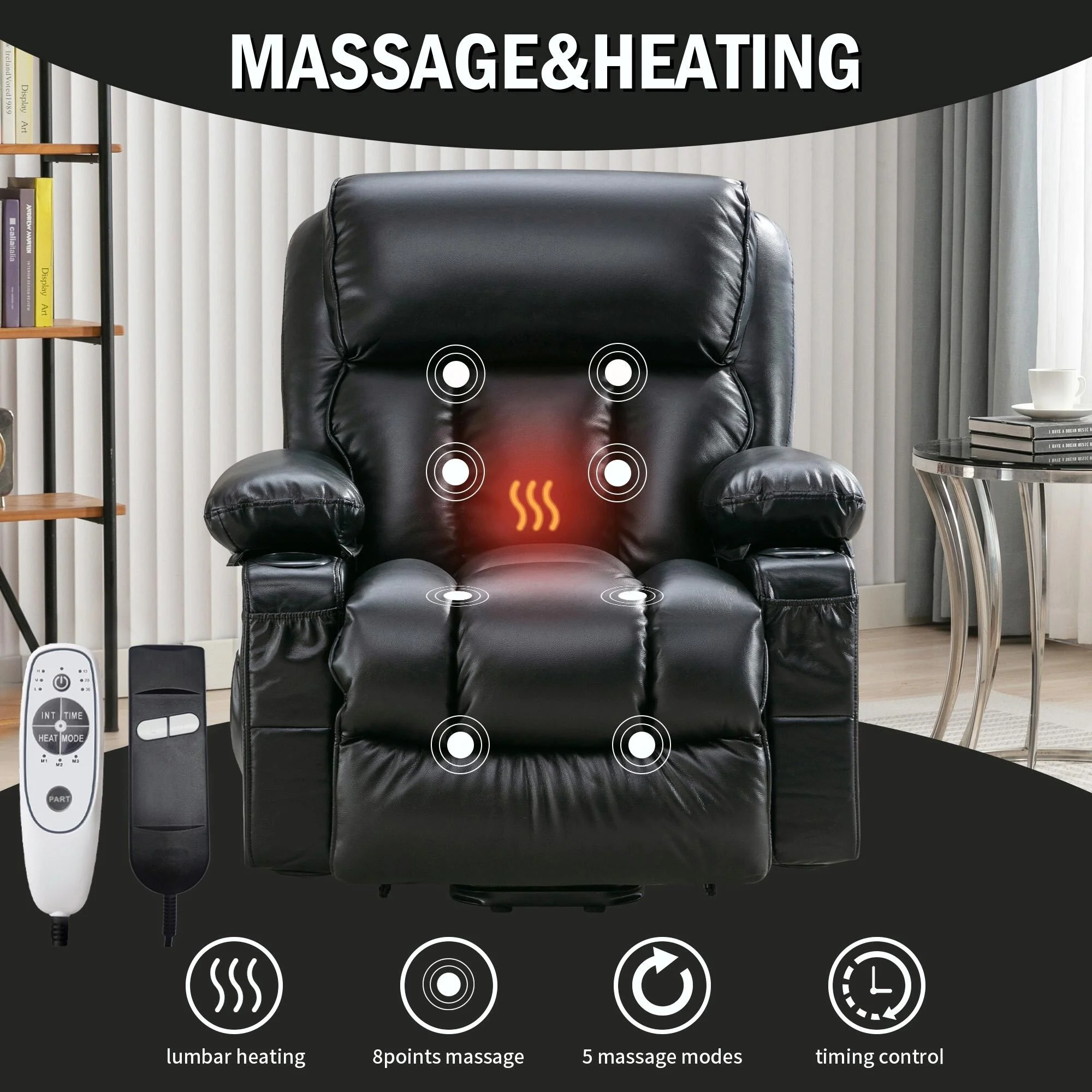 Power Electric Massage Lift Lounge Chair with Heating and Vibration Functions, Fleece Leather with USB