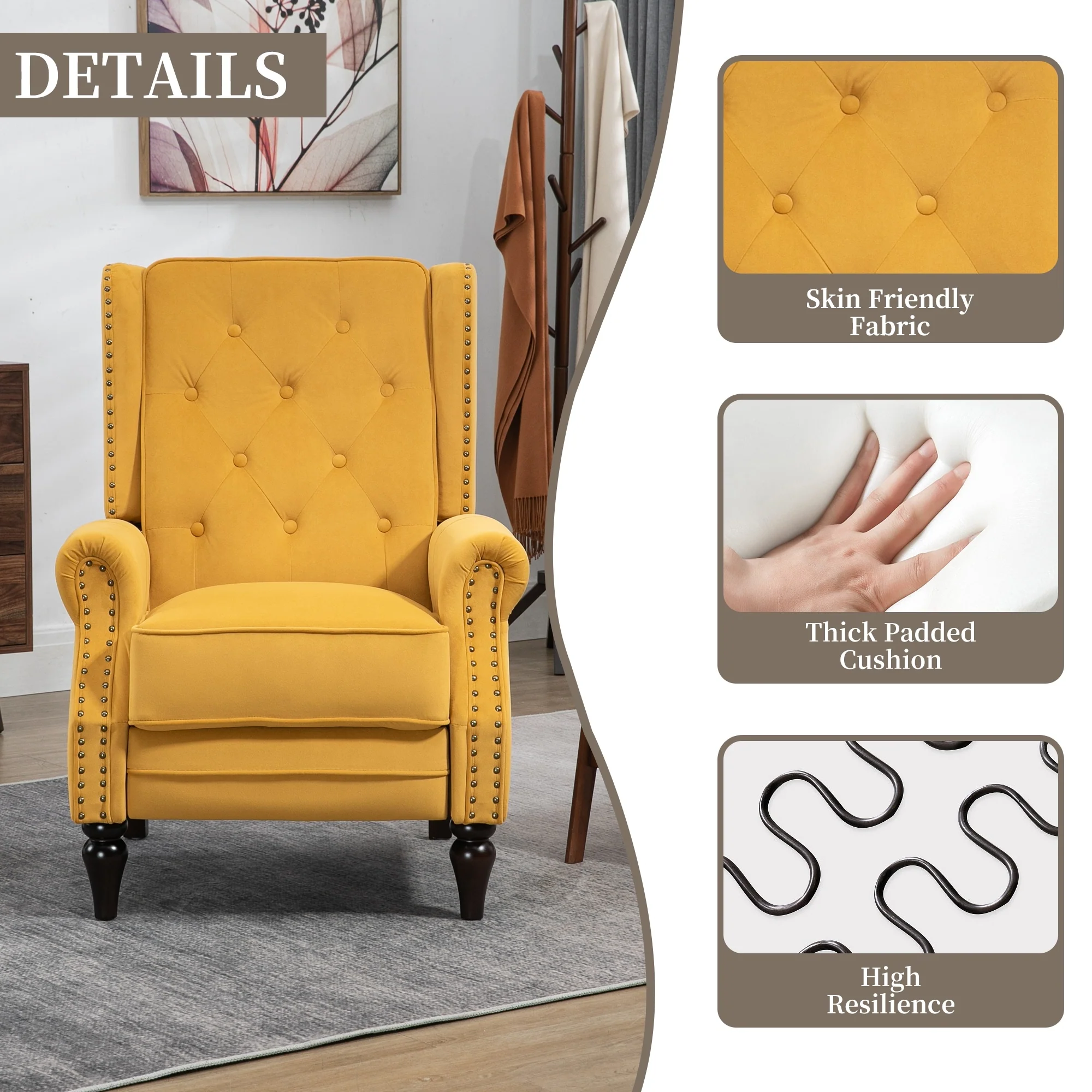 Velvet Upholstered Nailhead Tufted Recliner Chair with Black Legs