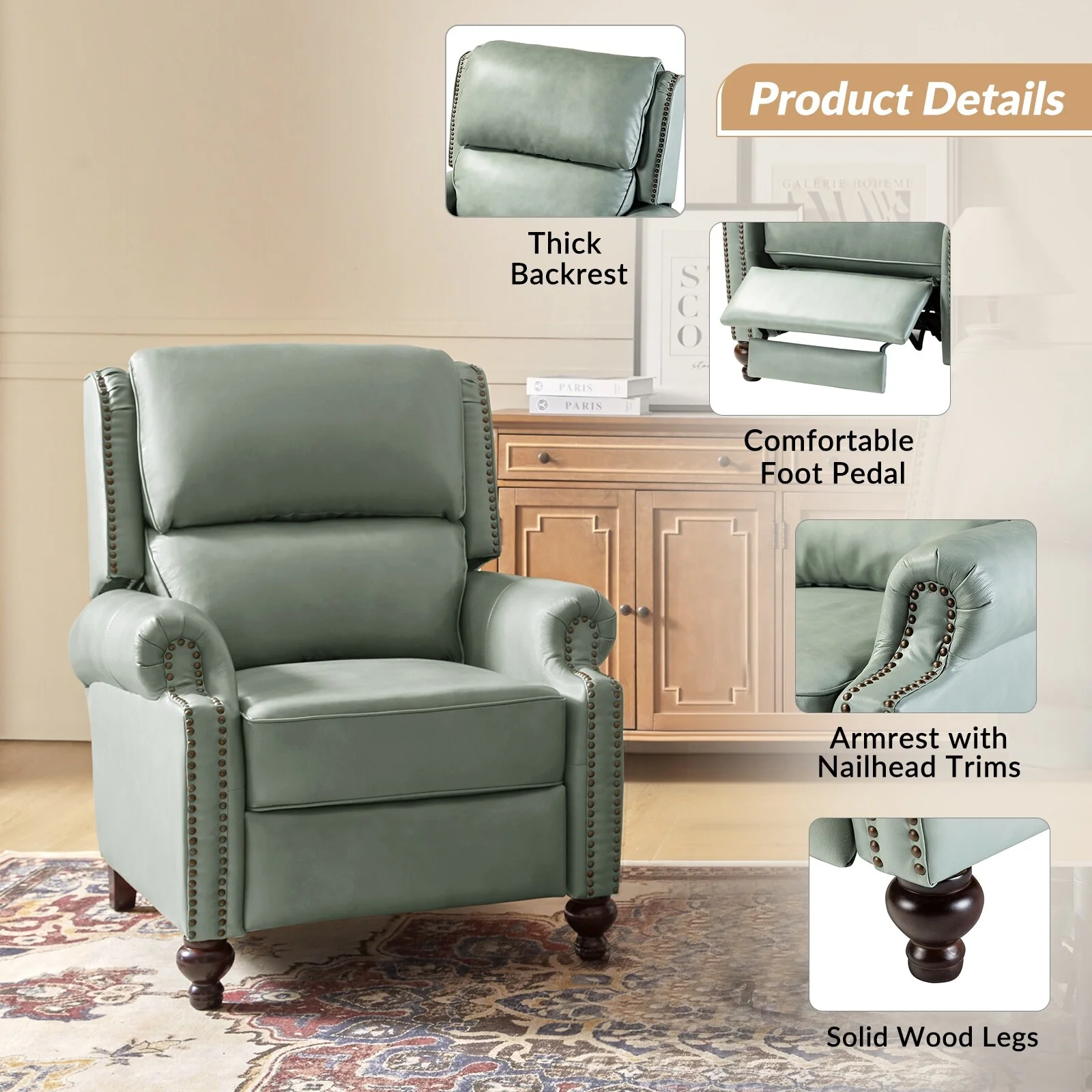 Gabriela Mid-Century Modern Genuine Leather Recliner with Tapered Block Feet by HULALA HOME