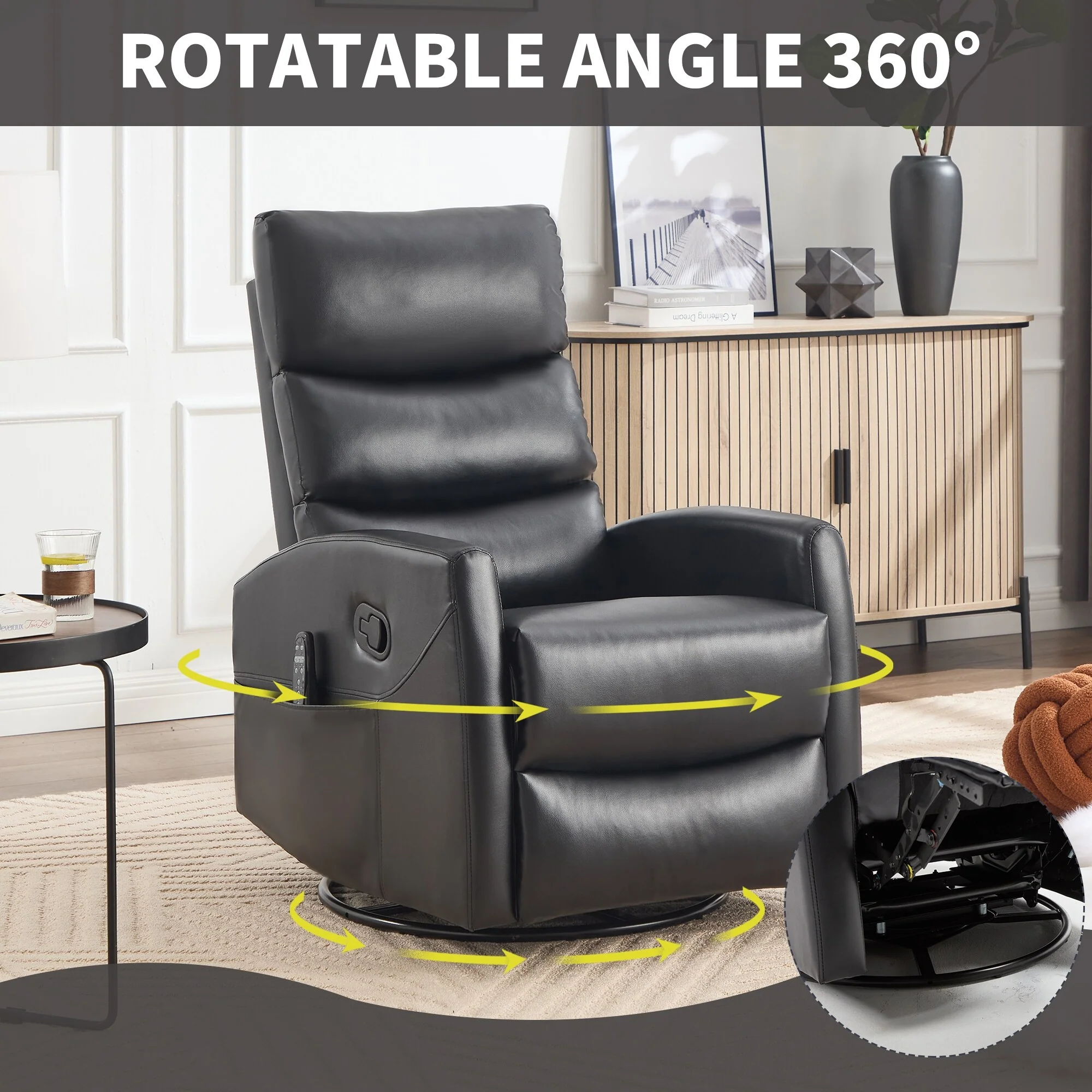 Heat Massage Manual Recliner Chair with Rocker and Swivel in Fabric for Living Room, Black