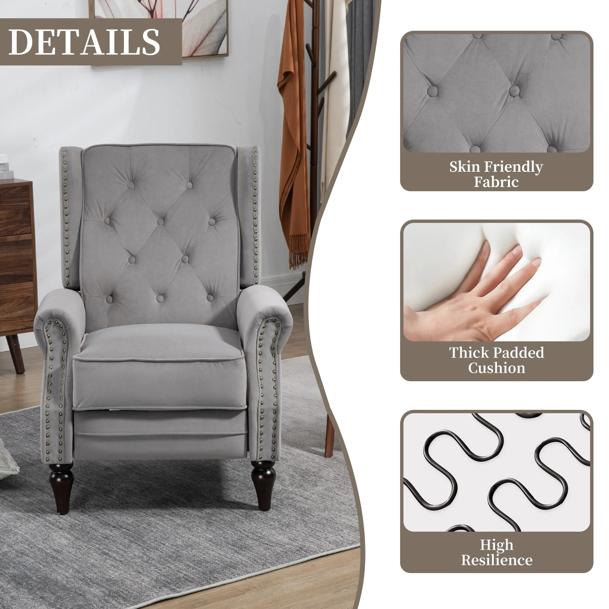 Velvet Upholstered Nailhead Tufted Recliner Chair with Black Legs