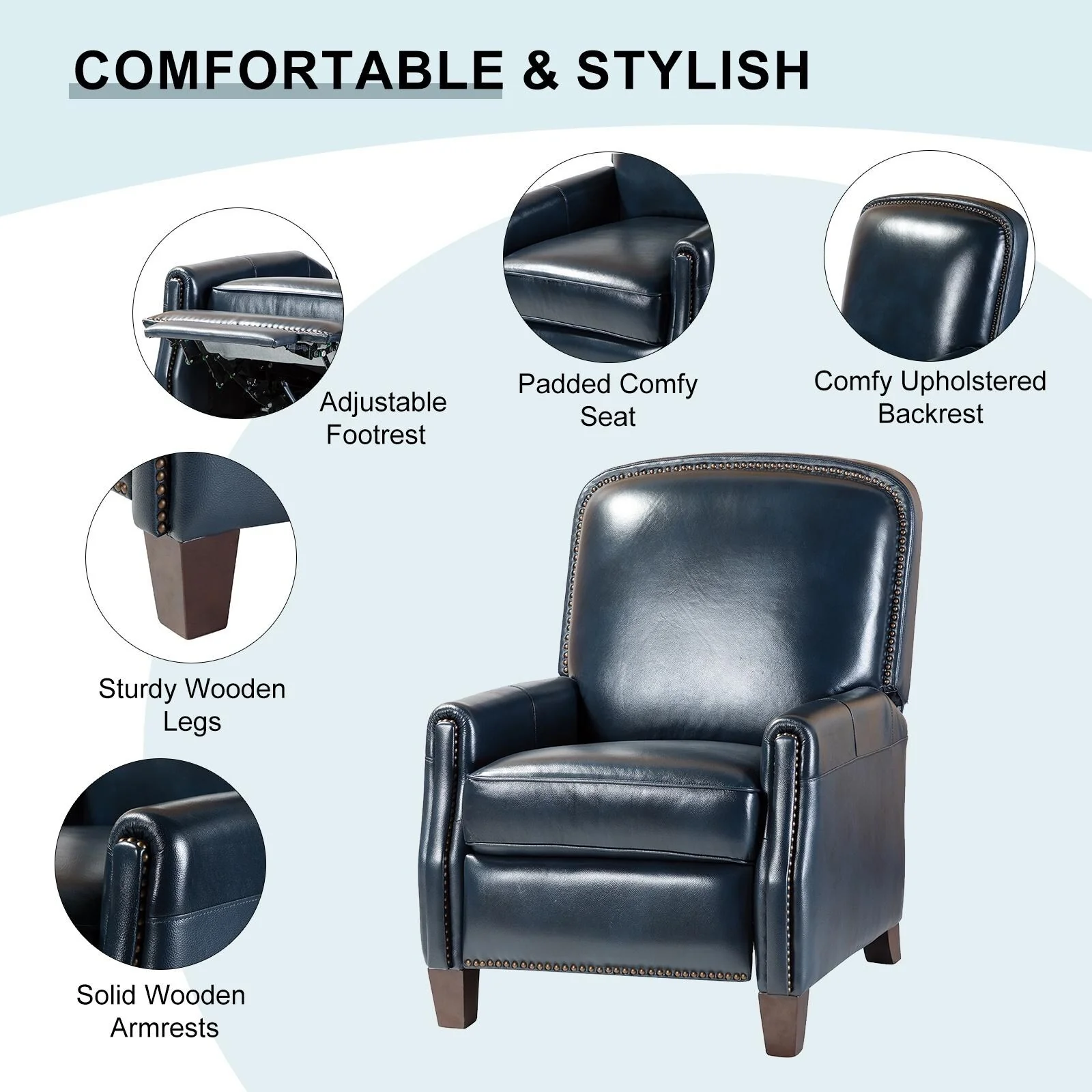 Gladis Modern Retro Genuine Leather Recliner with Nailhead Trim by HULALA HOME