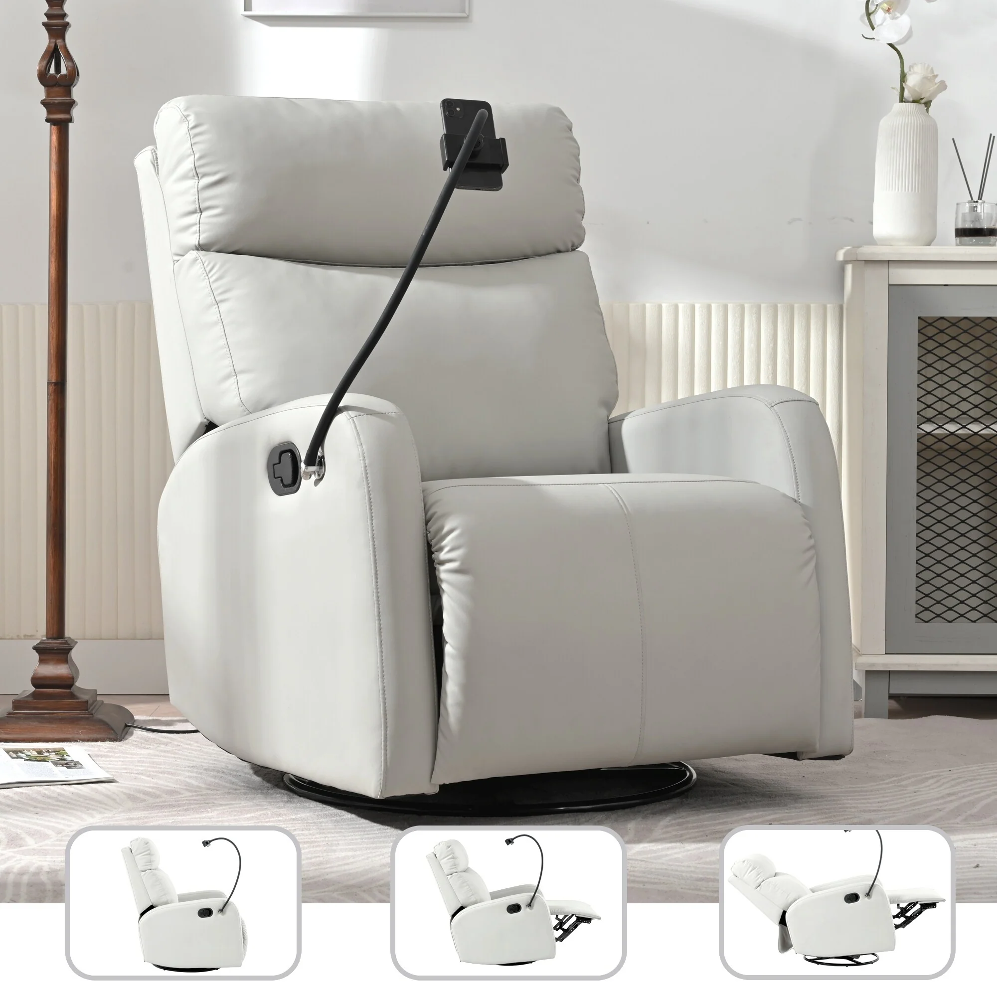 Grey Swivel Rocker Recliner with Adjustable Footrest and Phone Holder