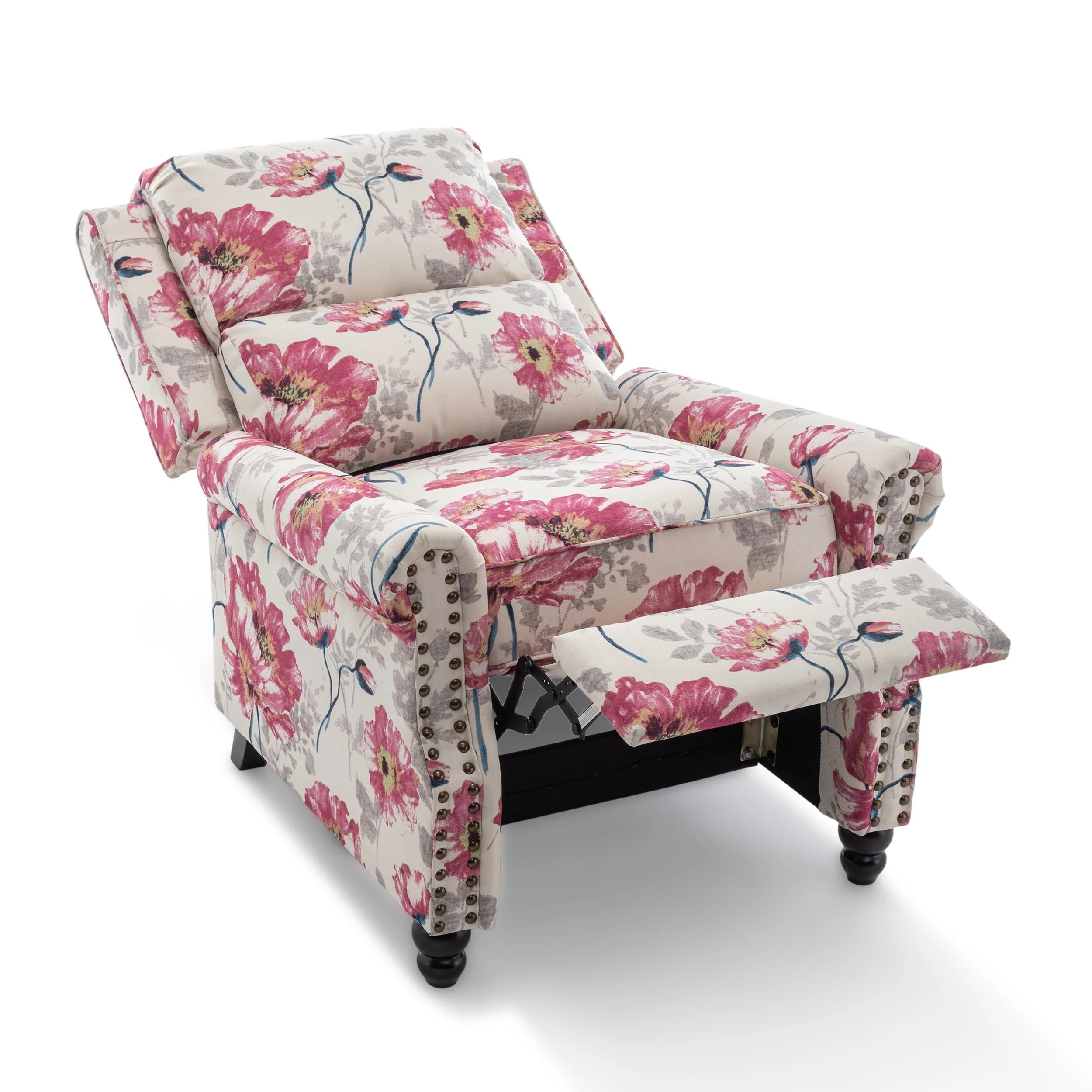 Mid-Century Nailhead Pu Leather Linen Recliner