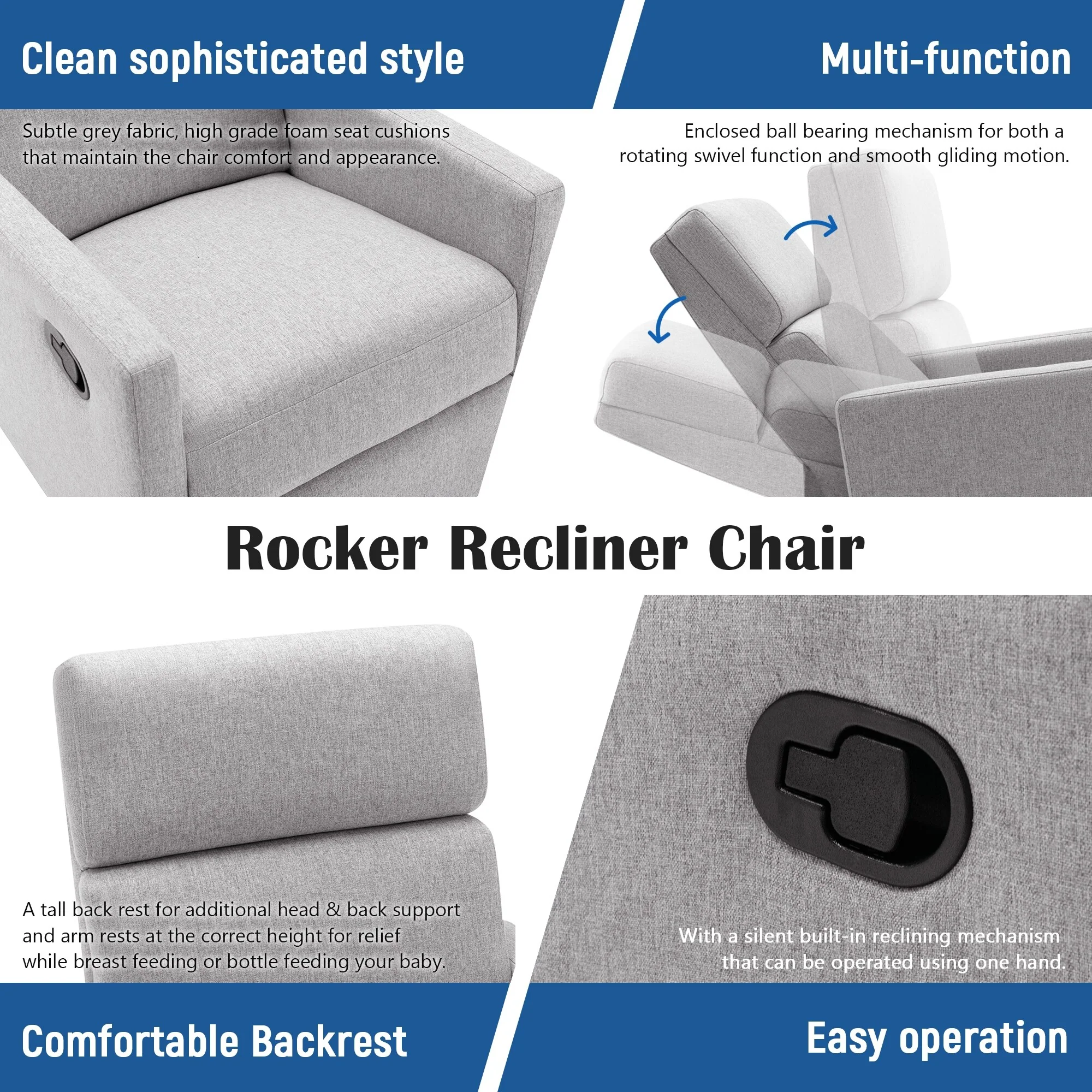 Roomfitters Modern Upholstered Rocker Nursery Chair, Plush Seating Glider Swivel Recliner Chair